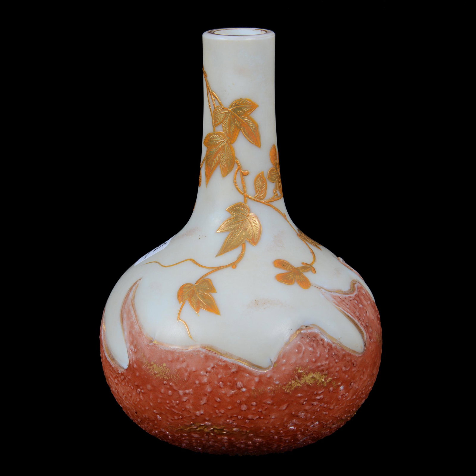 Vase, Unmarked Harrach Art Glass: Vase, Unmarked Harrach Art Glass, 6.5” x 4.25", Cream With Dark Pink "Flame" Textured Design, Enamel Vine Decor, John Lolley Estate. Mr. Lolley Regularly Marked Items In His Collection With A Museum