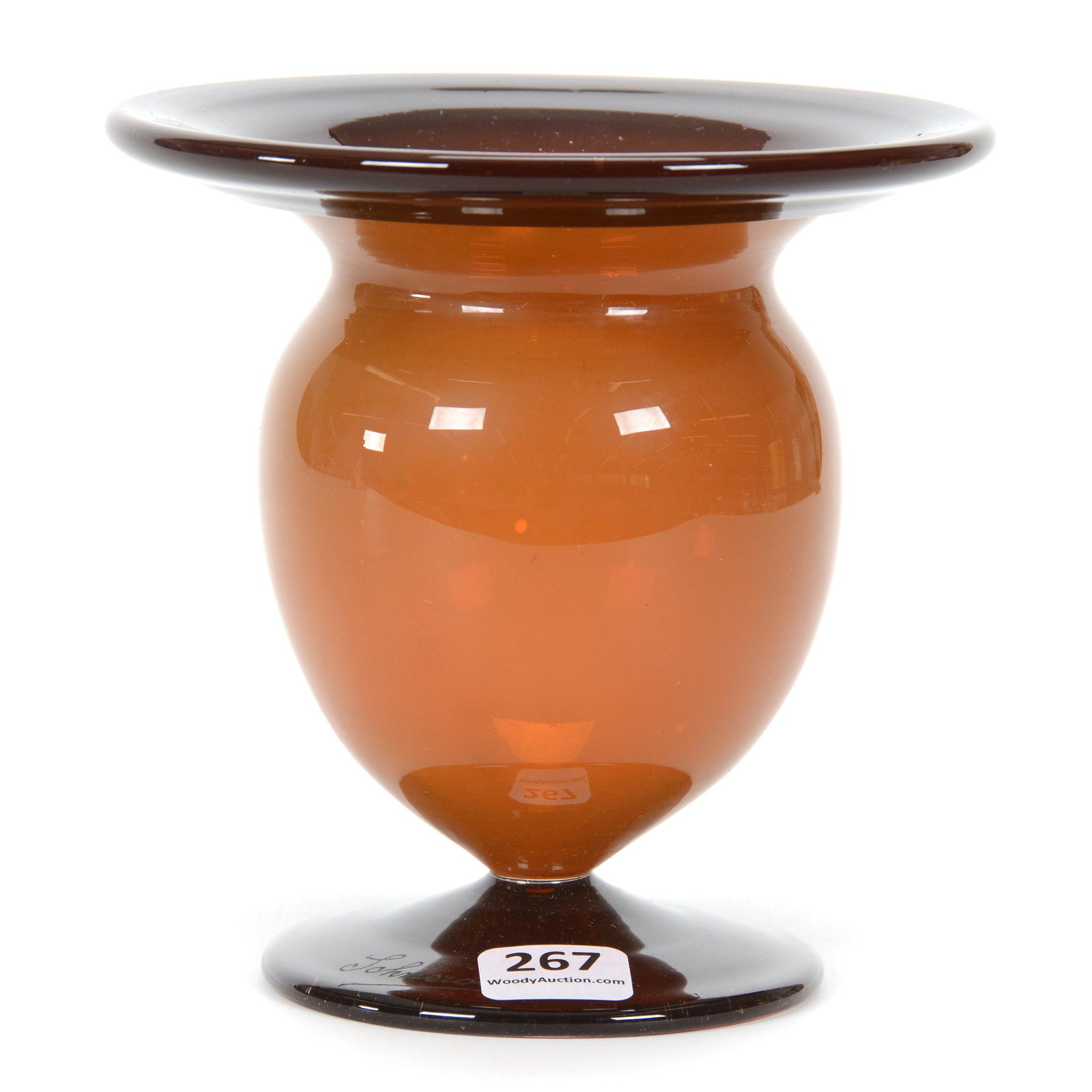 Pedestal Vase Signed Schneider Art Glass: Pedestal Vase Signed Schneider Art Glass, 5.25” x 5.25", Opaque Amber Body With Amethyst Foot And Rim, Nice Quality, John Lolley Estate. Mr. Lolley Regularly Marked Items In His Collection With A Mu