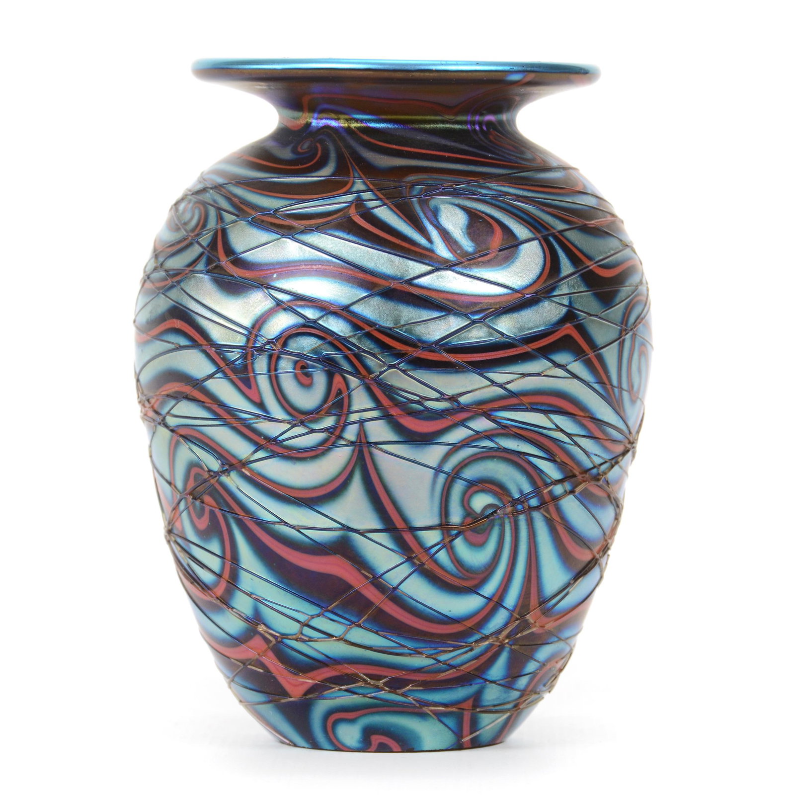 Vase, Contemporary Art Glass, Unmarked: Vase, Contemporary Art Glass, Unmarked, 4” x 2.75", Blue And Red Pulled Swirl Iridescent Background With Threaded Overlay, No Visible Markings, John Lolley Estate. Mr. Lolley Regularly Marked Items