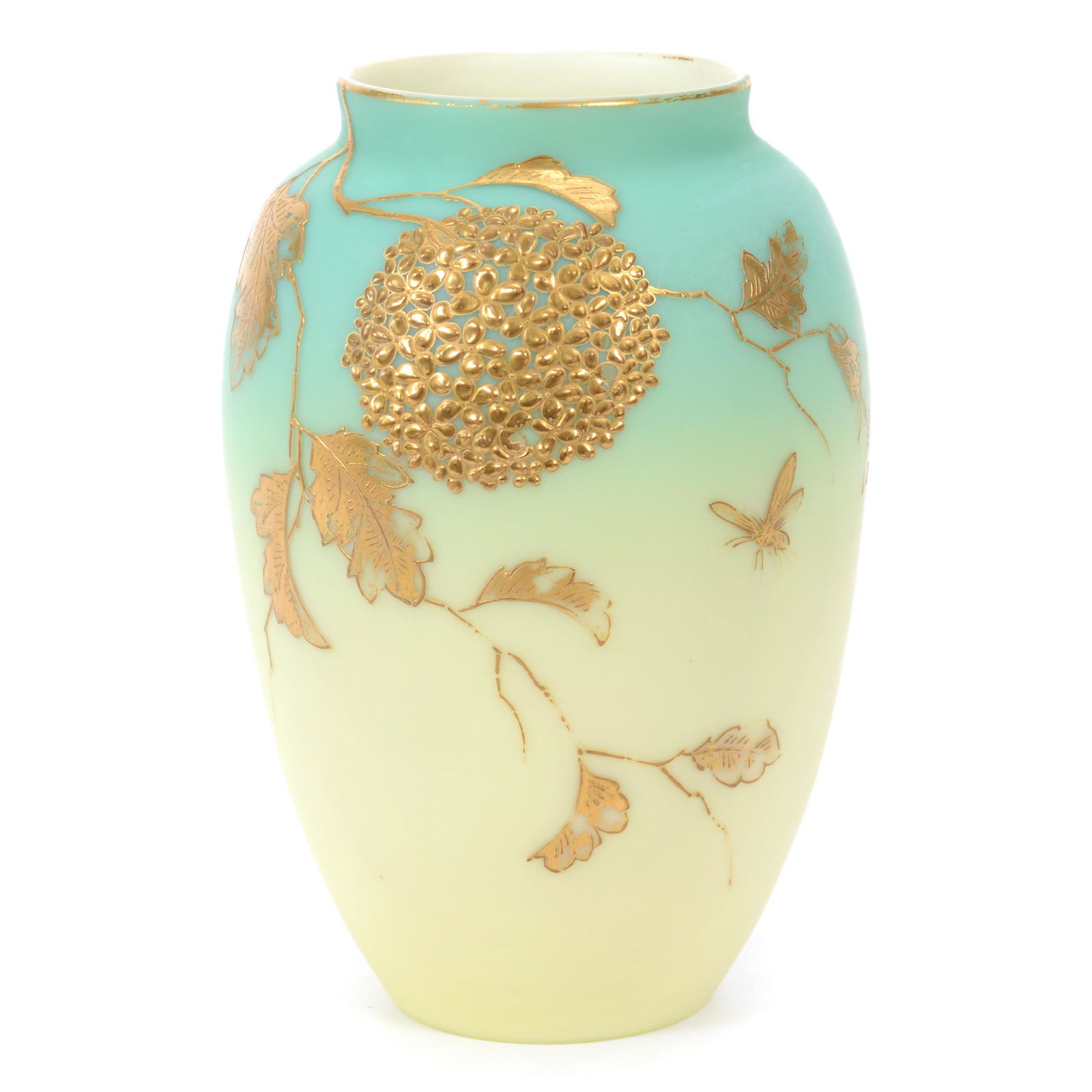 Vase, Green Shading To Yellow Satin Art Glass (1 of 3)