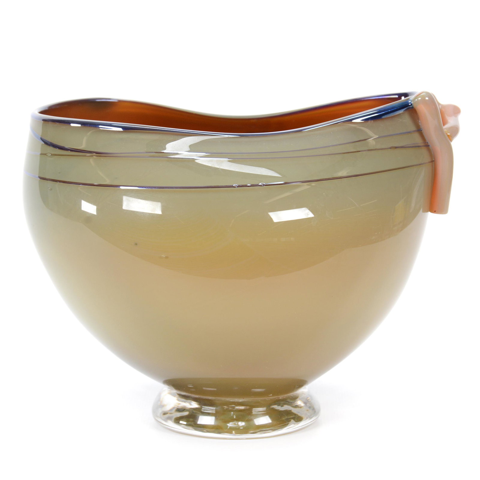 Free Form Bowl Signed "Free State": Free Form Bowl Signed "Free State", 6” x 8", Contemporary Art Glass, Green Opaque With Iridescent Trim Highlights, Applied Branch Decor, John Lolley Estate. Mr. Lolley Regularly Marked Items In His