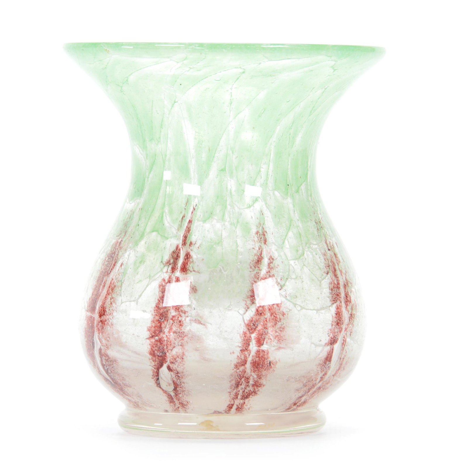 Vase, Unmarked Ysart Style Art Glass, WMF: Vase, Unmarked Ysart Style Art Glass, Attributed to WMF, 5” x 4.25", Pale Green, White And Amethyst Mottled Design, John Lolley Estate. Mr. Lolley Regularly Marked Items In His Collection With A Mus