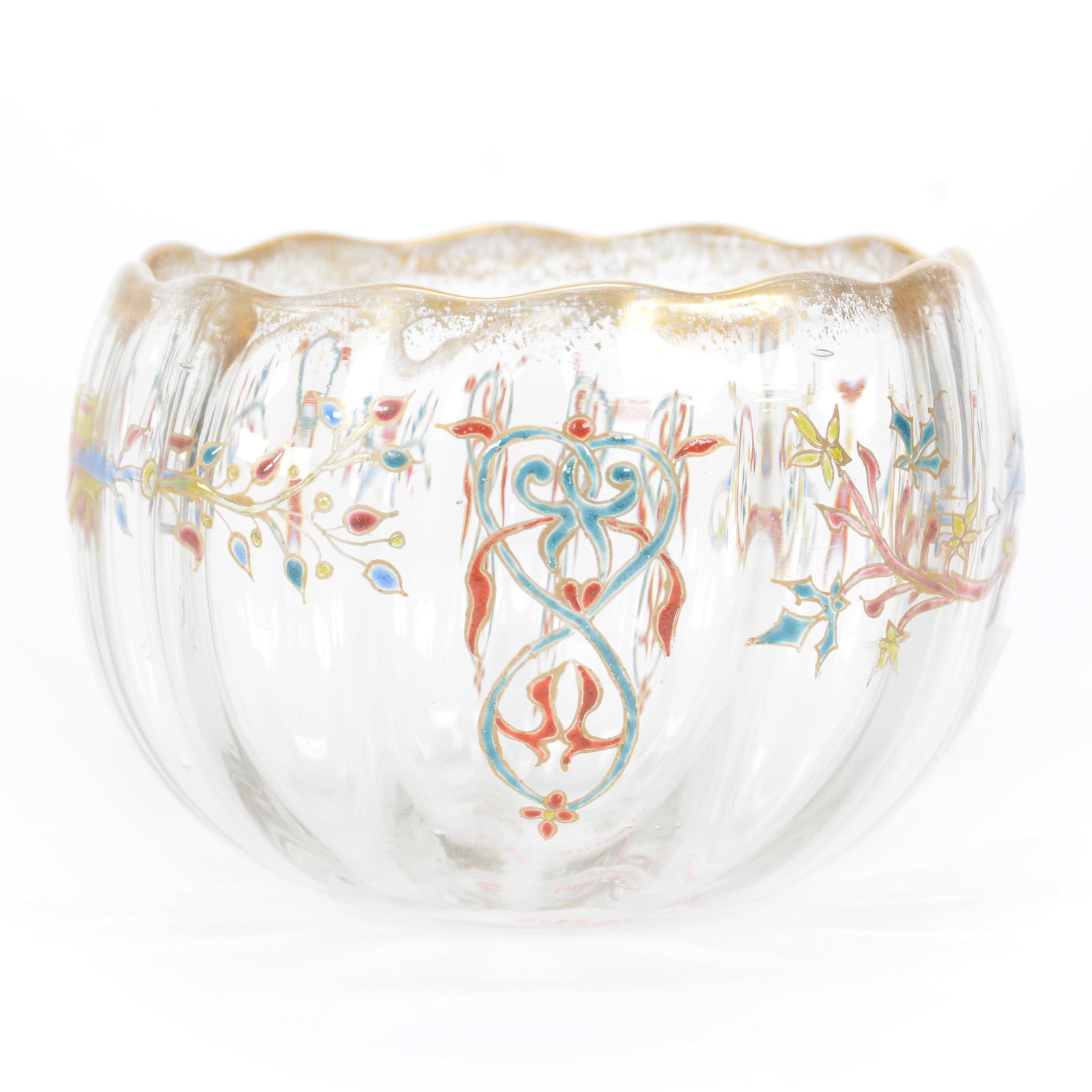 Bowl, French Clear Crystal Art Glass, Decorated: Bowl, French Clear Crystal Art Glass, Decorated, 3.25” x 4.25", Colorful Enamel Decor, Marked Marie (With Arrows) On Base, Dated 1897, John Lolley Estate. Mr. Lolley Regularly Marked Items In His Co