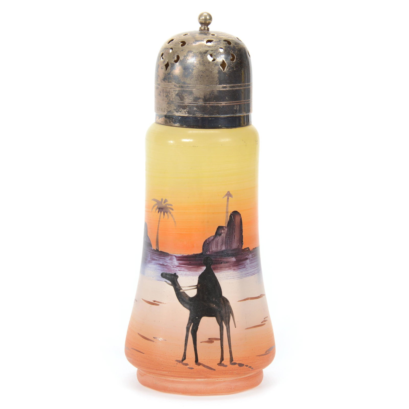Muffineer, Clear Glass, Hand Painted Scene: Muffineer, Clear Glass, Hand Painted Scene, 6.5” x 2.75", Arab Desert Scenic Decor, Silverplate Top, John Lolley Estate. Mr. Lolley Regularly Marked Items In His Collection With A Museum Quality Pen