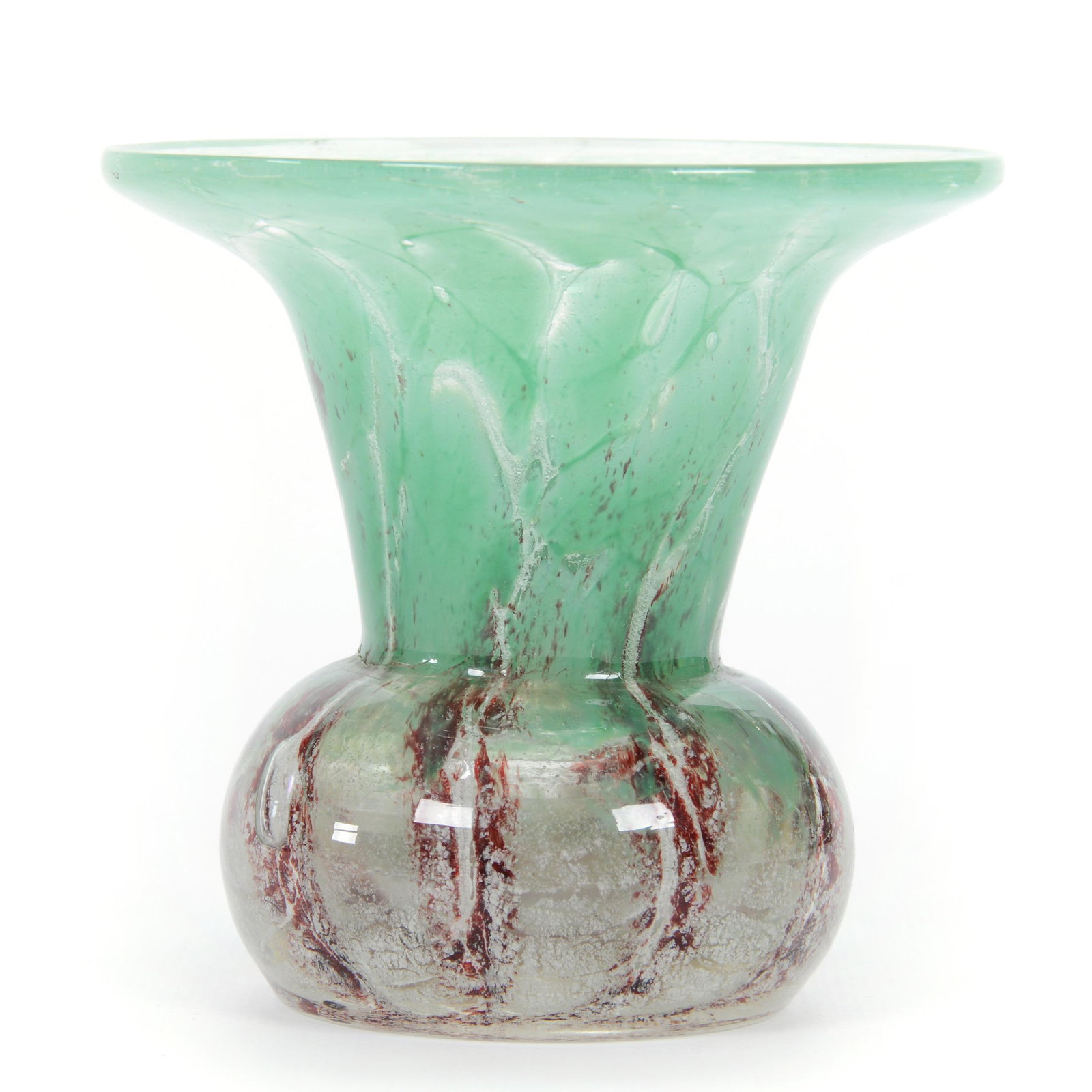 Vase, Unmarked Ysart Style Art Glass, WMF: Vase, Unmarked Ysart Style Art Glass, Attributed to WMF, 4” x 4.25", Green, White And Amethyst Mottled Design, John Lolley Estate. Mr. Lolley Regularly Marked Items In His Collection With A Museum Q