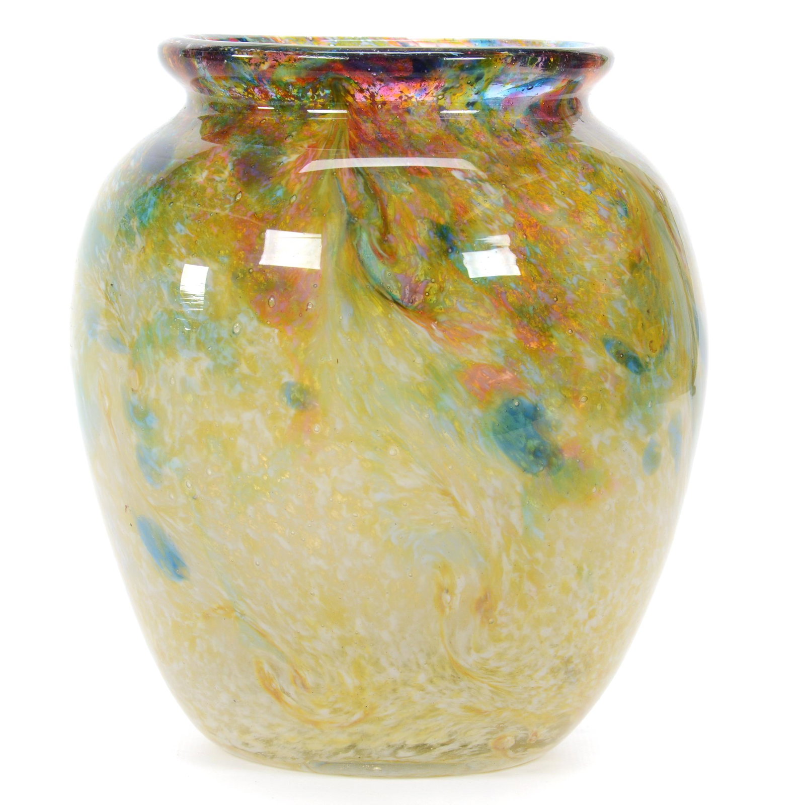 Vase, Unmarked Monart Art Glass: Vase, Unmarked Monart Art Glass, 7.25” x 6", Beautiful Swirled Mottled Pink, Blue, Green, Yellow And White Coloring, Clean Hole On Side Of Vase Likely Caused By Small Sudden Impact (BB Shot), John L