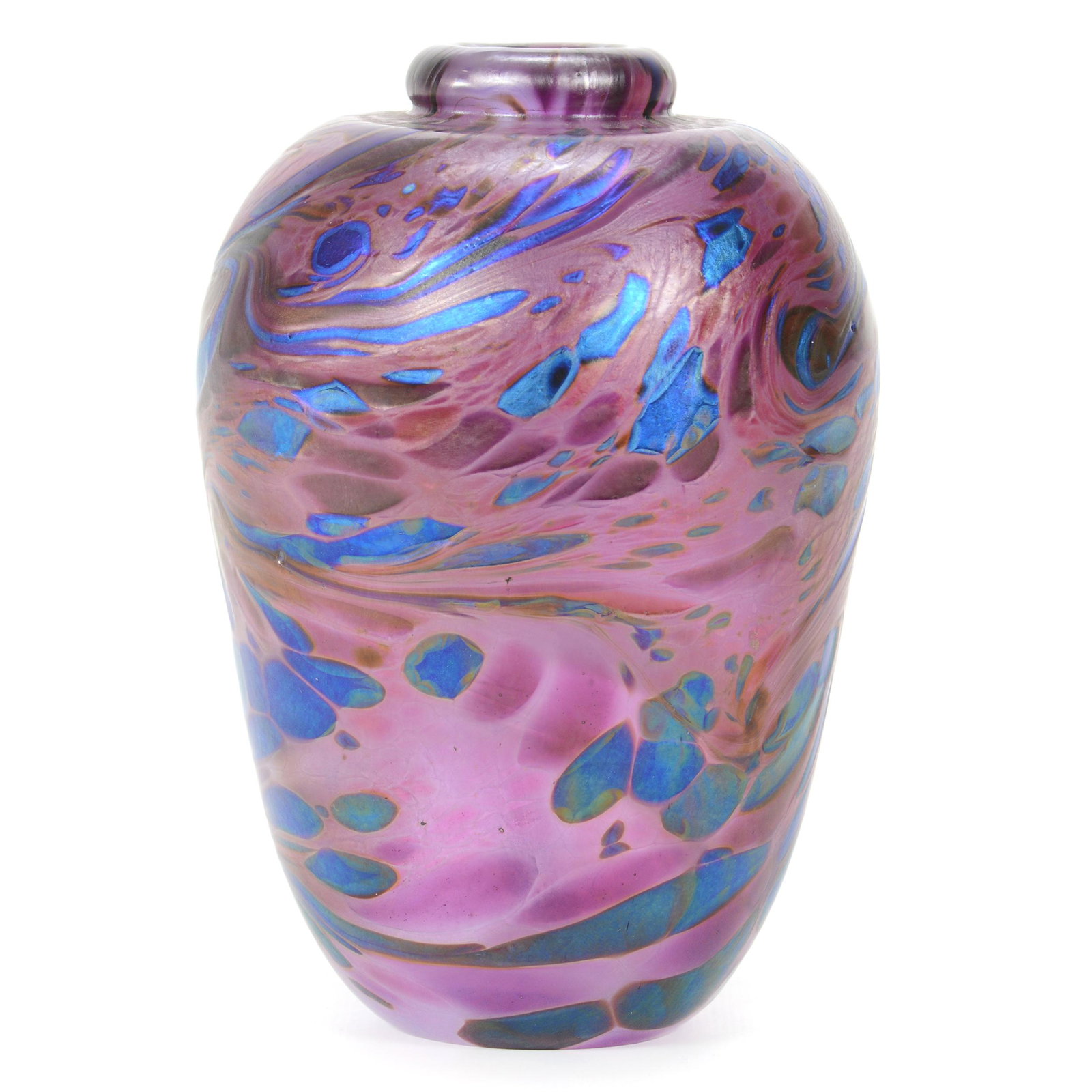 Vase, Contemporary Art Glass, Signed: Vase, Contemporary Art Glass, Signed, 6.5” x 4.25", Dated 1984, Iridescent Background With Swirled Blue, Pink And Gold Mottled Highlights, Signed But Unable To Decipher, John Lolley Estate. Mr. Loll