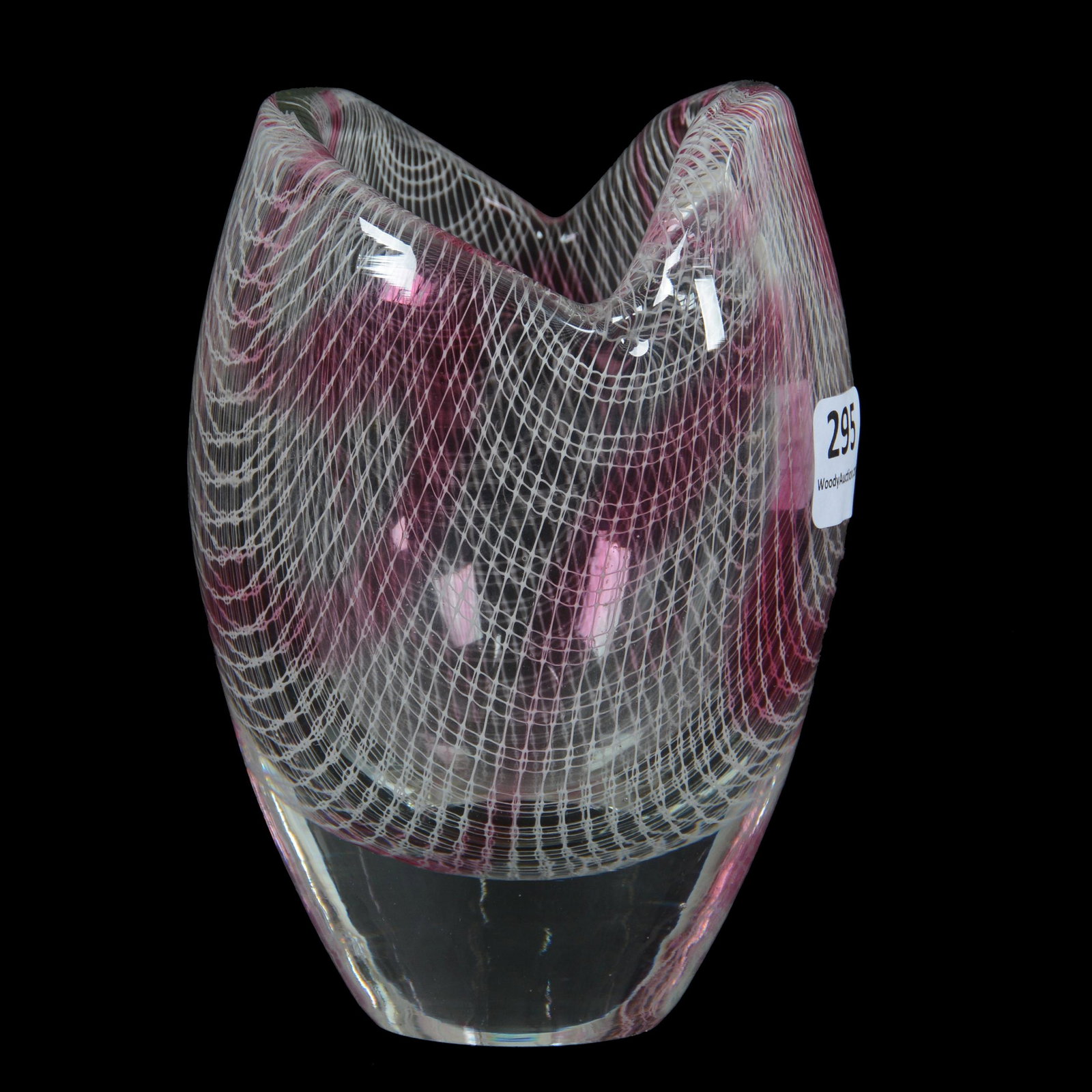Vase, Contemporary Art Glass, Unsigned: Vase, Contemporary Art Glass, Unsigned, 5” x 3.5", Clear With Latticino Netting And Pink Swirl Highlights, No Visible Marks, John Lolley Estate. Mr. Lolley Regularly Marked Items In His Collection W