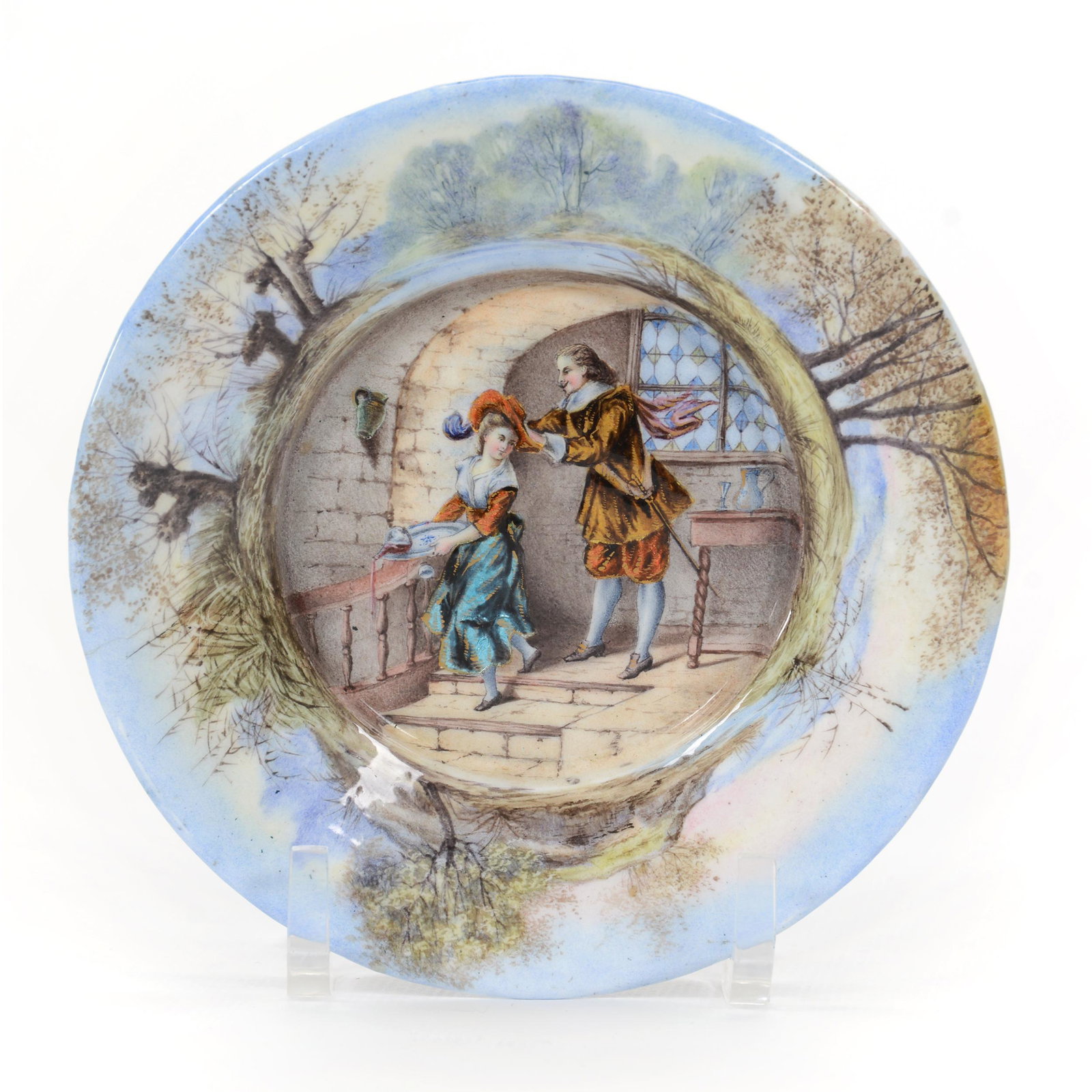 Footed Tray, French Enamel, Fantastic Scene: Footed Tray, French Enamel, Fantastic Scene, 5.25", Classically Dressed Man And Woman With Scenic Border, Extra Nice Quality, No Artist Mark Visible, John Lolley Estate. Mr. Lolley Regularly Marked It