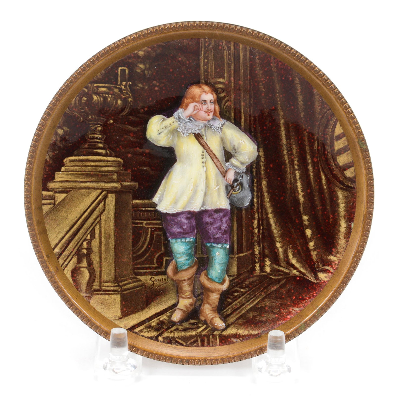 Pedestal Tray, French Enamel: Pedestal Tray, French Enamel, 4.5", Classically Dressed Man, Artist Signed "Gamet", Nice Quality, John Lolley Estate. Mr. Lolley Regularly Marked Items In His Collection With A Museum Quality Pen - Th