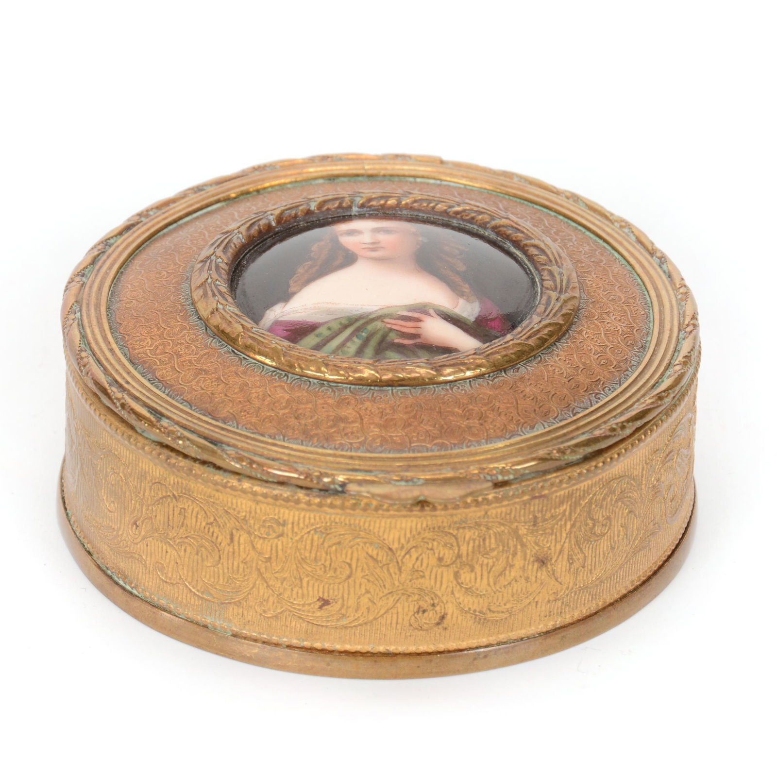 Hinged Jewel Box, Gilt Metal, Hand Painted Lid (1 of 4)