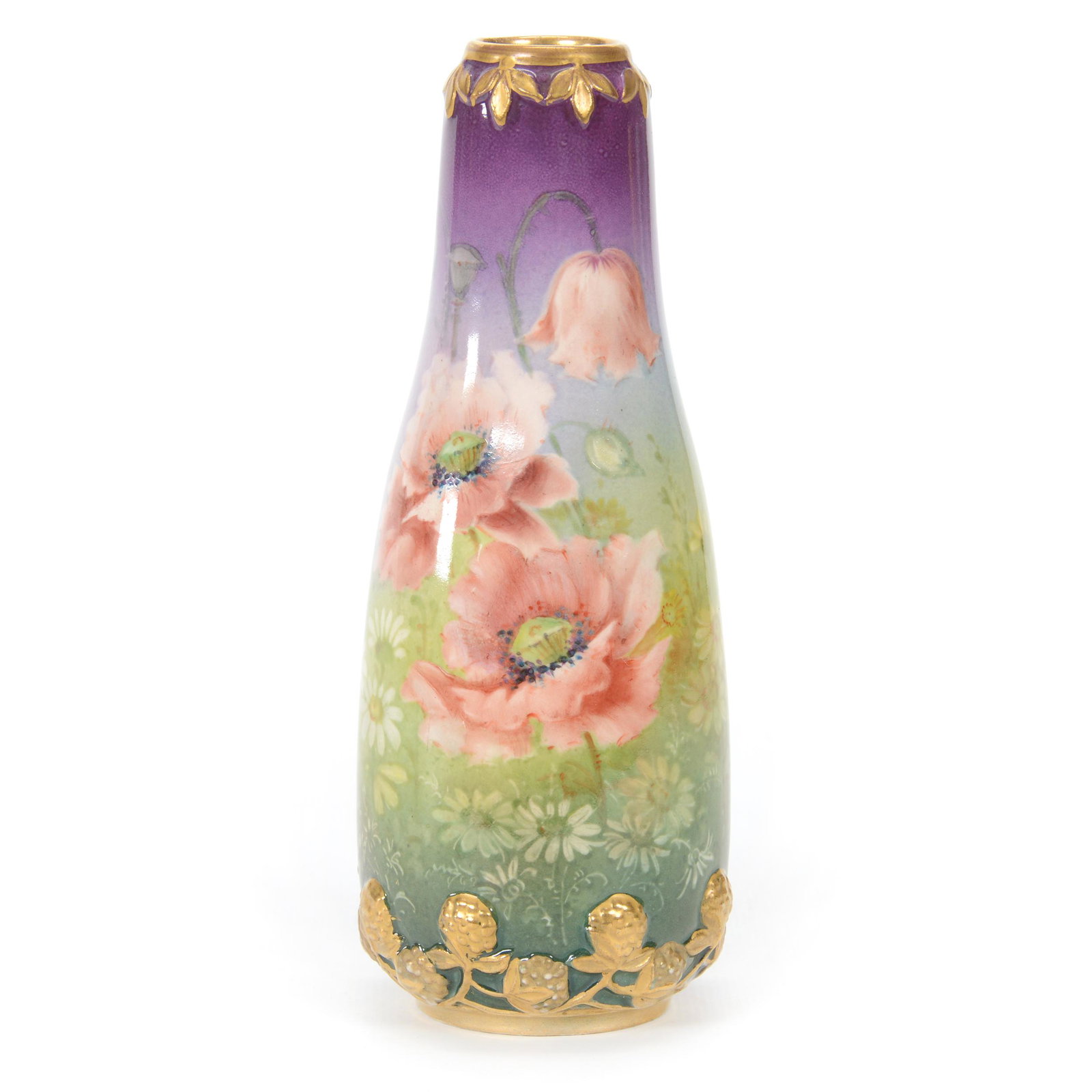Vase Marked Royal Bonn: Vase Marked Royal Bonn, 6.75” x 2.75", Purple And Green Background, Pink Poppy Decor, Embossed Floral Blossom Mold, John Lolley Estate. Mr. Lolley Regularly Marked Items In His Collection With A Mus