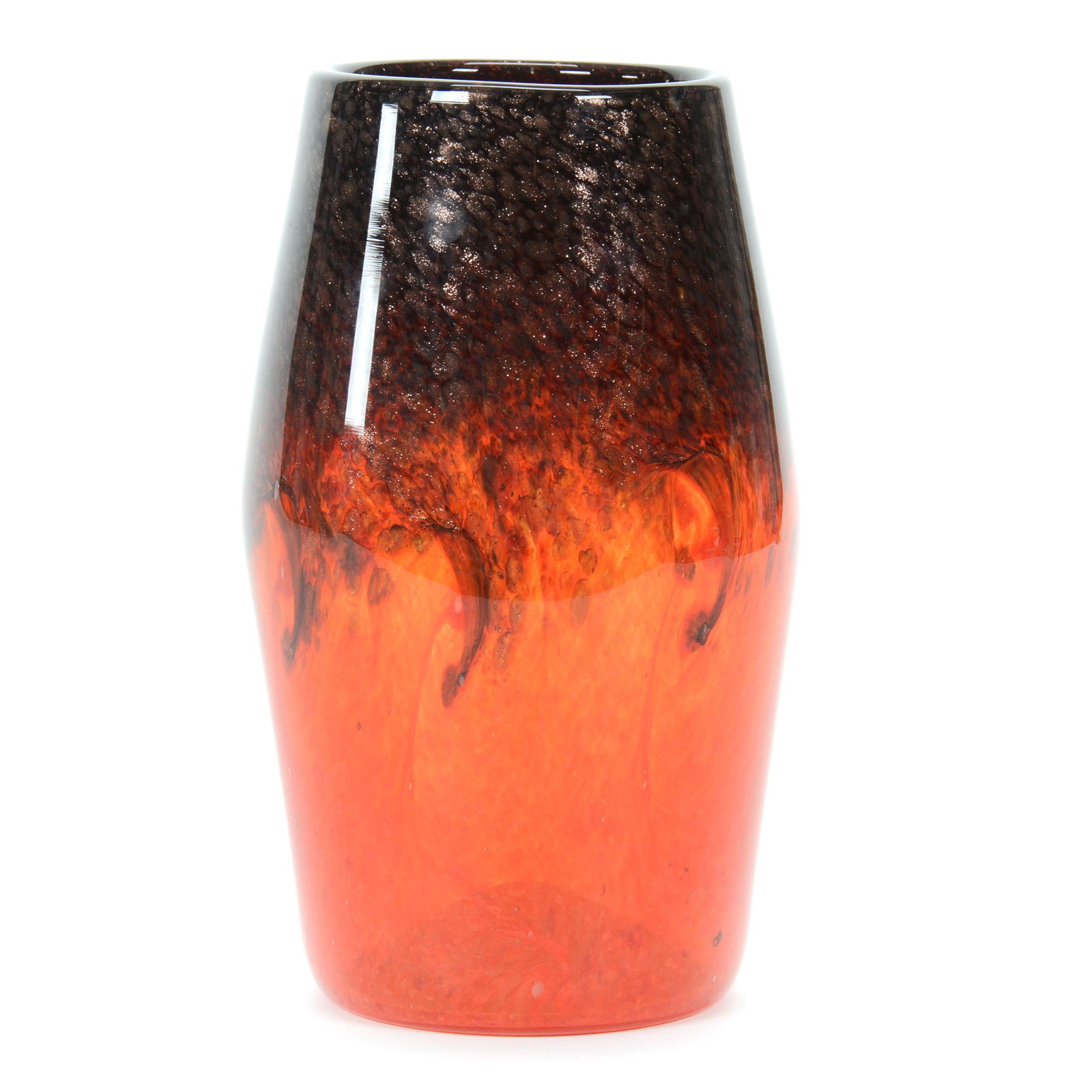 Vase, Unmarked Monart Art Glass: Vase, Unmarked Monart Art Glass, 8” x 4.5", Orange And Black Mottled Design, Gold Mica Highlights, John Lolley Estate. Mr. Lolley Regularly Marked Items In His Collection With A Museum Quality Pen -