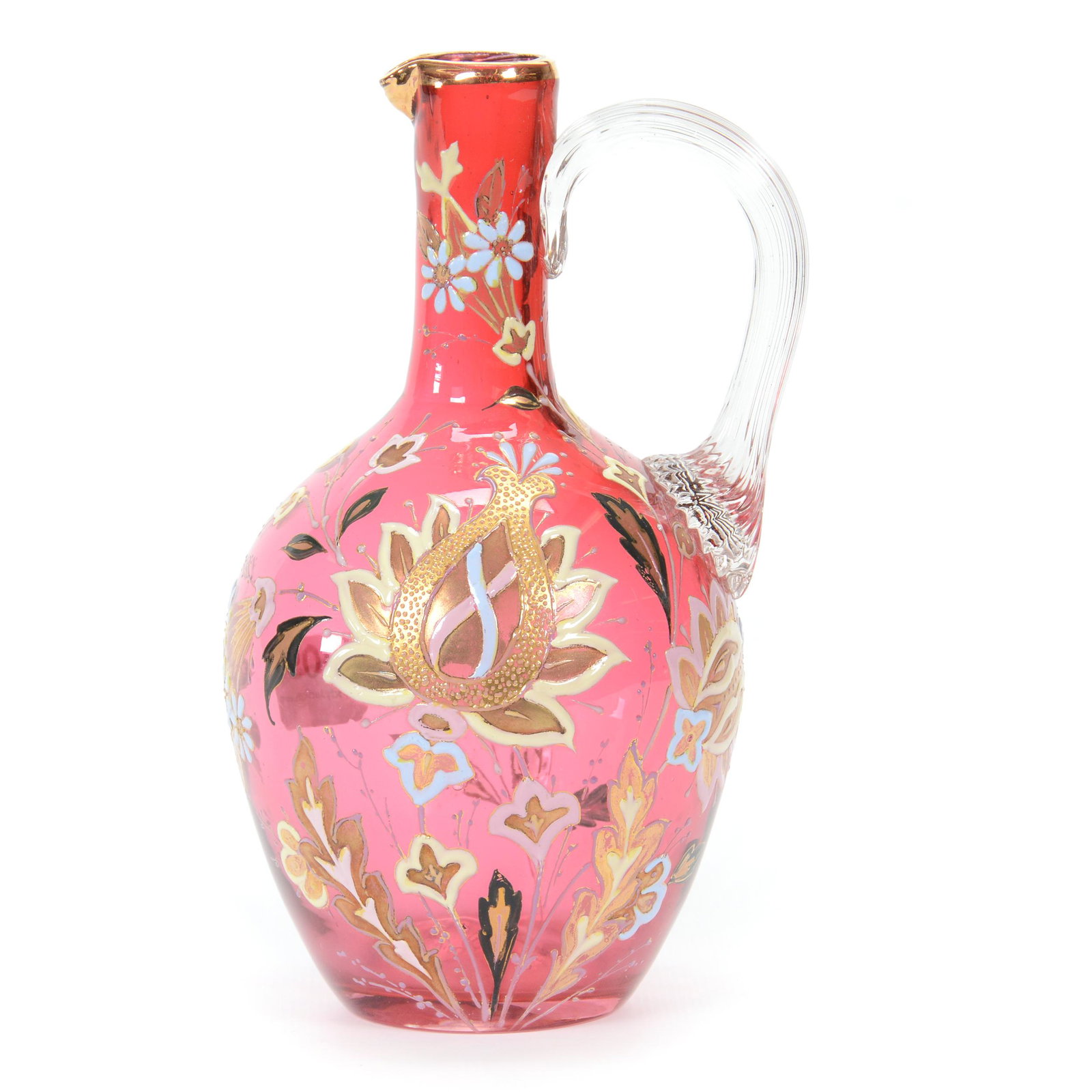 Cruet Bottle, Cranberry Art Glass, Decorated: Cruet Bottle, Cranberry Art Glass, Decorated, 6.5” x 3.75", Colorful Enamel Floral Decor, Clear Applied Ribbed Handle, No Stopper, Marked Durand-Kimball, John Lolley Estate. Mr. Lolley Regularly Mar
