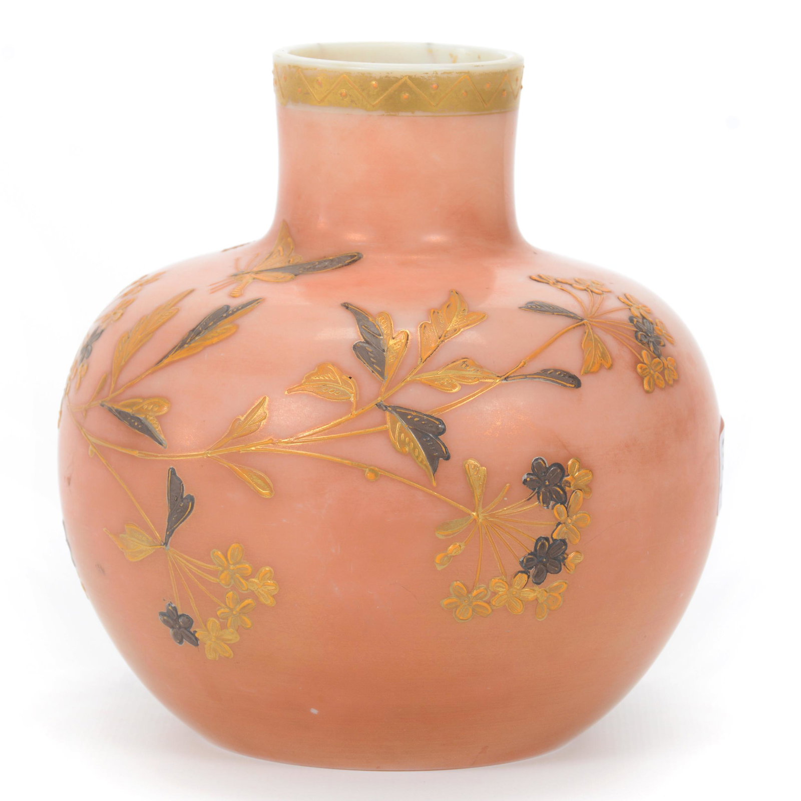 Vase, White Opaline Art Glass: Vase, White Opaline Art Glass, 5.5” x 5", Iridescent Pink And Bronze Overlay, Gold Enamel Branch Decor, John Lolley Estate. Mr. Lolley Regularly Marked Items In His Collection With A Museum Quality