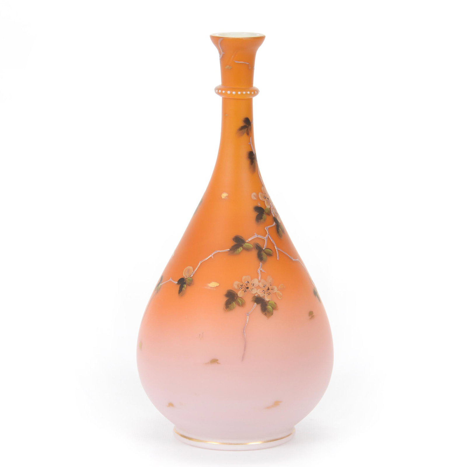 Vase, Peach & Pink Satin Finish Art Glass: Vase, Peach & Pink Satin Finish Art Glass, 10.5” x 5", Enamel Branch And Blossom Decor, Attributed To Webb, John Lolley Estate. Mr. Lolley Regularly Marked Items In His Collection With A Museum Qual