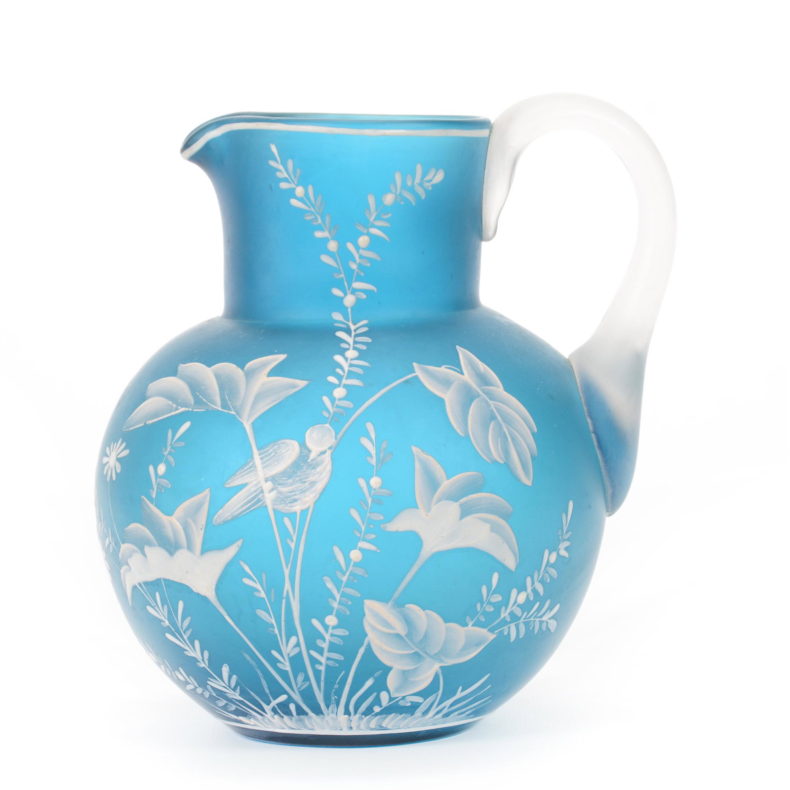 Water Pitcher, Blue Florentine Cameo Art Glass: Water Pitcher, Blue Florentine Cameo Art Glass, 7.25” x 6.5", White Enamel Bird And Floral Decor, Frosted Applied Glass Handle, Polished Pontil Base, John Lolley Estate. Mr. Lolley Regularly Marked