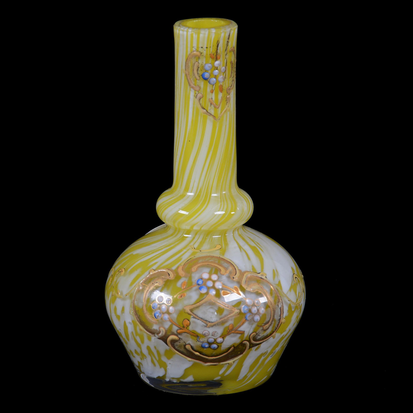 Miniature Vase, Cased Yellow & White Art Glass: Miniature Vase, Cased Yellow & White Art Glass, 5” x 2", Mottled With Enamel Floral Decor, John Lolley Estate. Mr. Lolley Regularly Marked Items In His Collection With A Museum Quality Pen - These M