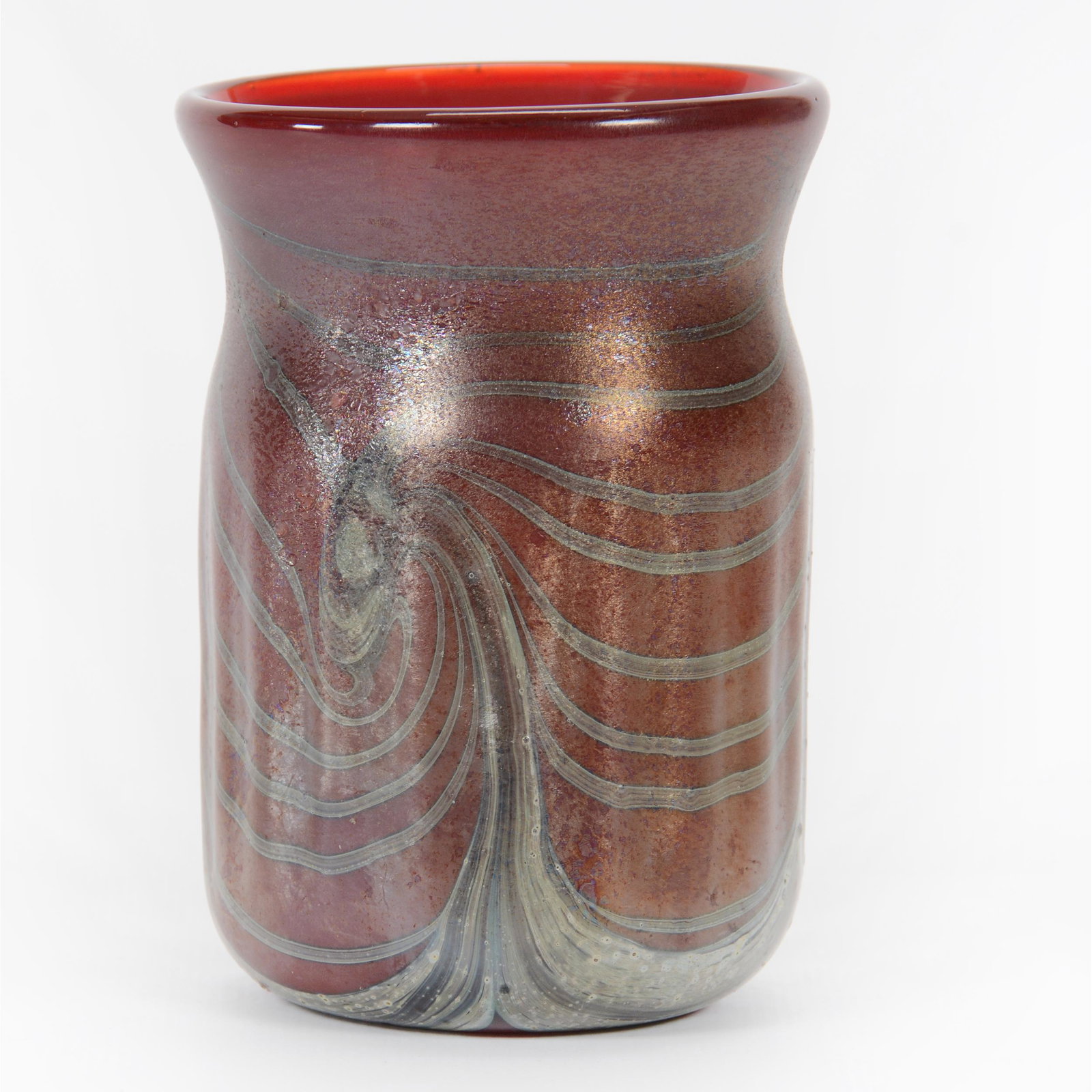 Vase, Contemporary Art Glass Signed Hyde: Vase, Contemporary Art Glass Signed Hyde, 4” x 2.75", Dated 1975, Iridescent Red With Pulled Silver Feather Design, John Lolley Estate. Mr. Lolley Regularly Marked Items In His Collection With A Mus