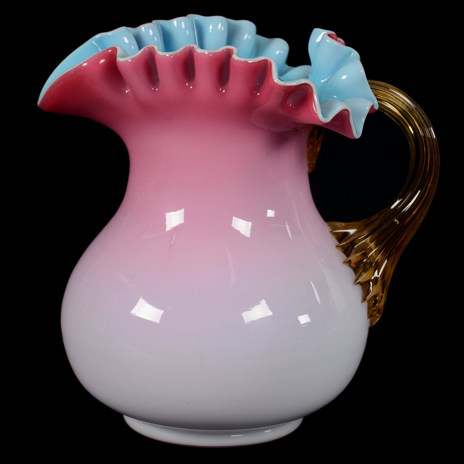 Pitcher, Cased Peachblow Art Glass: Pitcher, Cased Peachblow Art Glass, 5.5” x 5.5", Blue Interior, Amber Applied Ribbed Handle, John Lolley Estate. Mr. Lolley Regularly Marked Items In His Collection With A Museum Quality Pen - These