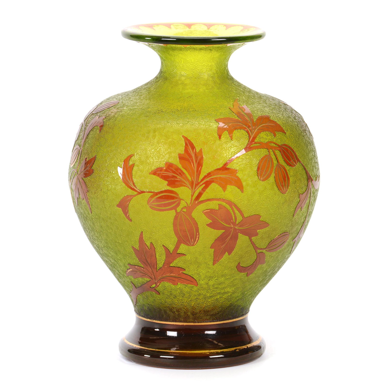 Vase Signed St. Louis French Cameo Art Glass: Vase Signed St. Louis French Cameo Art Glass, 5.5” x 4", Apple Green Acid Cut Background With Cranberry Cameo Carved Fruit Branch Decor, Nice Quality, John Lolley Estate. Mr. Lolley Regularly Marked