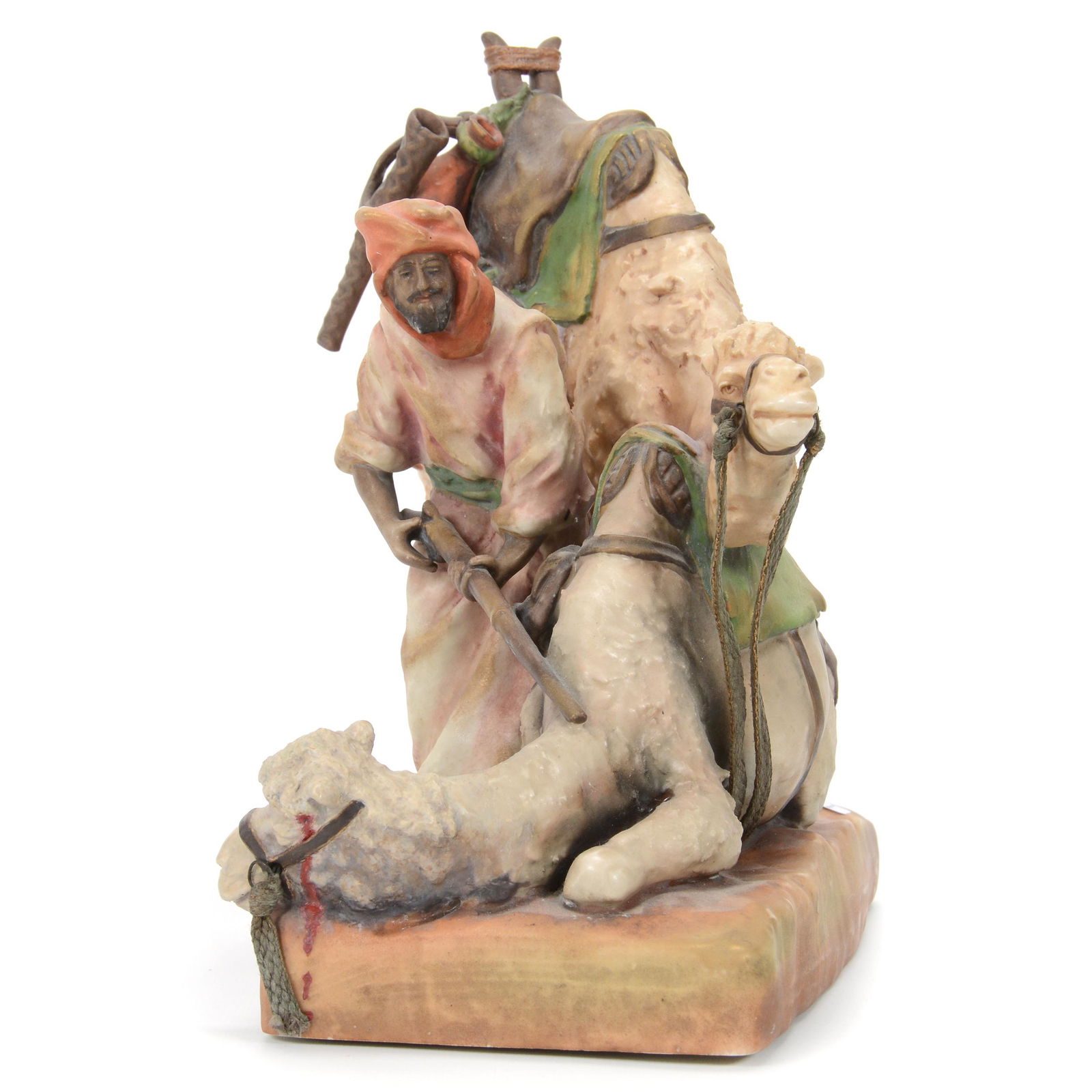 Figural Group Marked Amphora #8239: Figural Group Marked Amphora #8239, 10.5” x 10.5", Two Camels With Arab Holding Rifle, Rifle Butt Stock Chipped, Some Restoration Touch-Up On Saddle Pack, John Lolley Estate. Mr. Lolley Regularly Ma