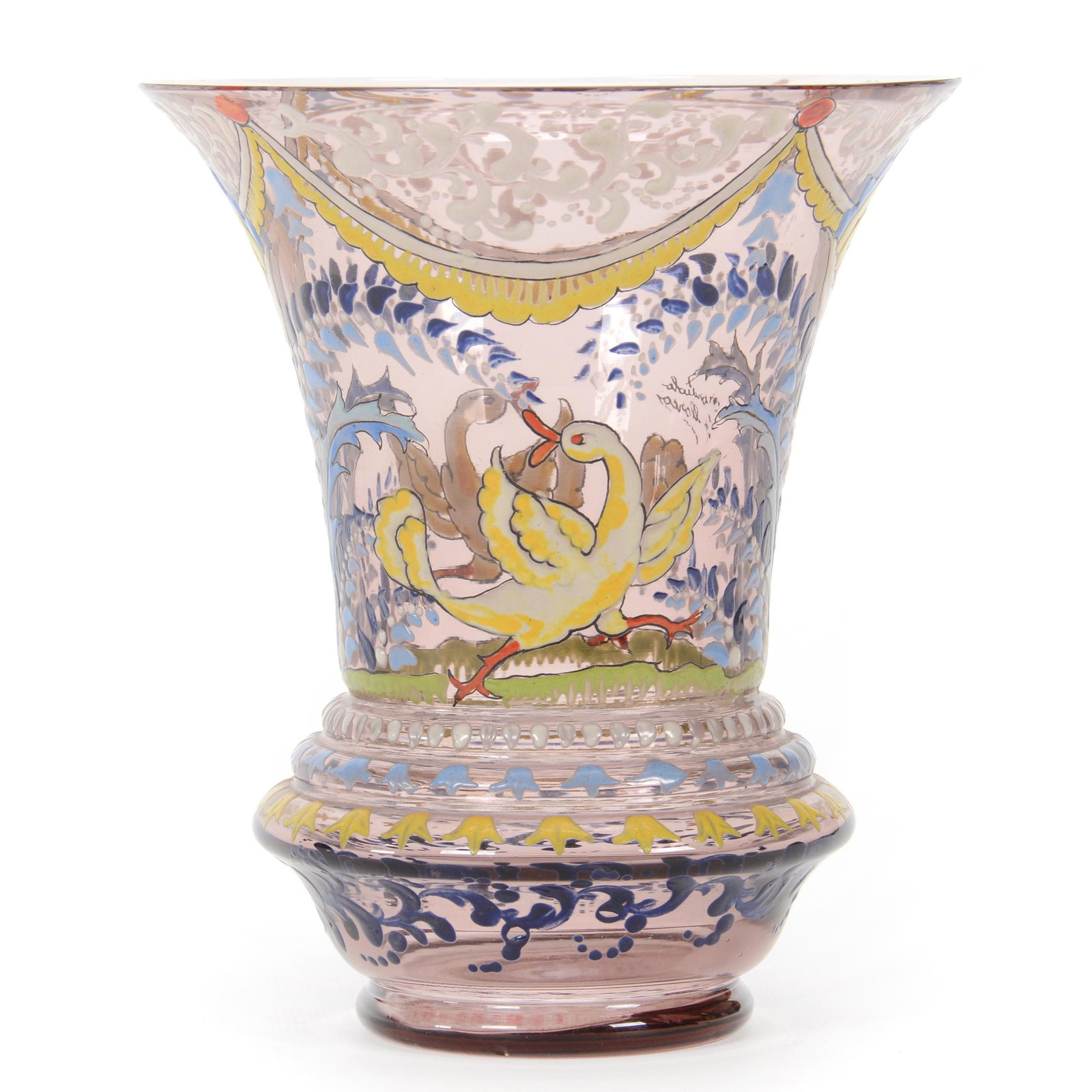 Vase, Unmarked Spanish Art Glass: Vase, Unmarked Spanish Art Glass, 7” x 6", Amethyst With Enamel Goose And Floral Design, John Lolley Estate. Mr. Lolley Regularly Marked Items In His Collection With A Museum Quality Pen - These Mar