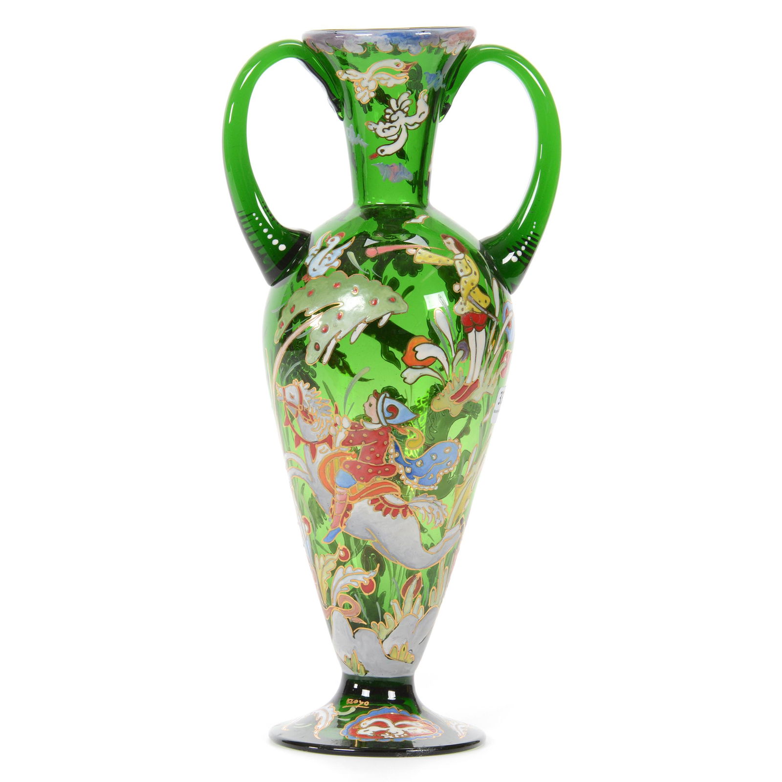 Vase, Green Royo Spanish Art Glass, Pedestal, Handled (1 of 5)