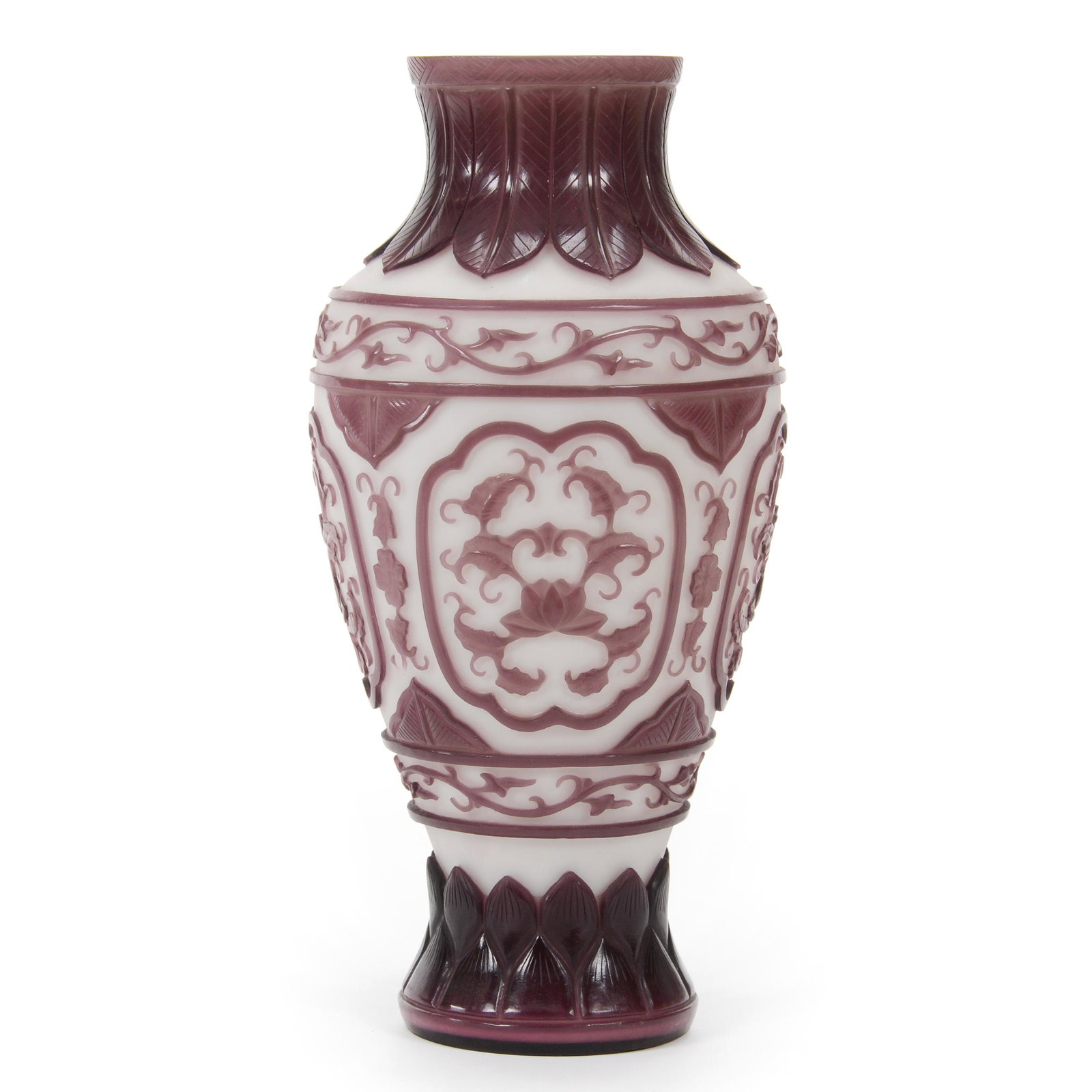 Vase, Peking Cameo Art Glass: Vase, Peking Cameo Art Glass, 12” x 5.5", White Background With Amethyst Cameo Carved Overlay Of Rose Blossom Medallions And Leaf Highlights, John Lolley Estate. Mr. Lolley Regularly Marked Items In
