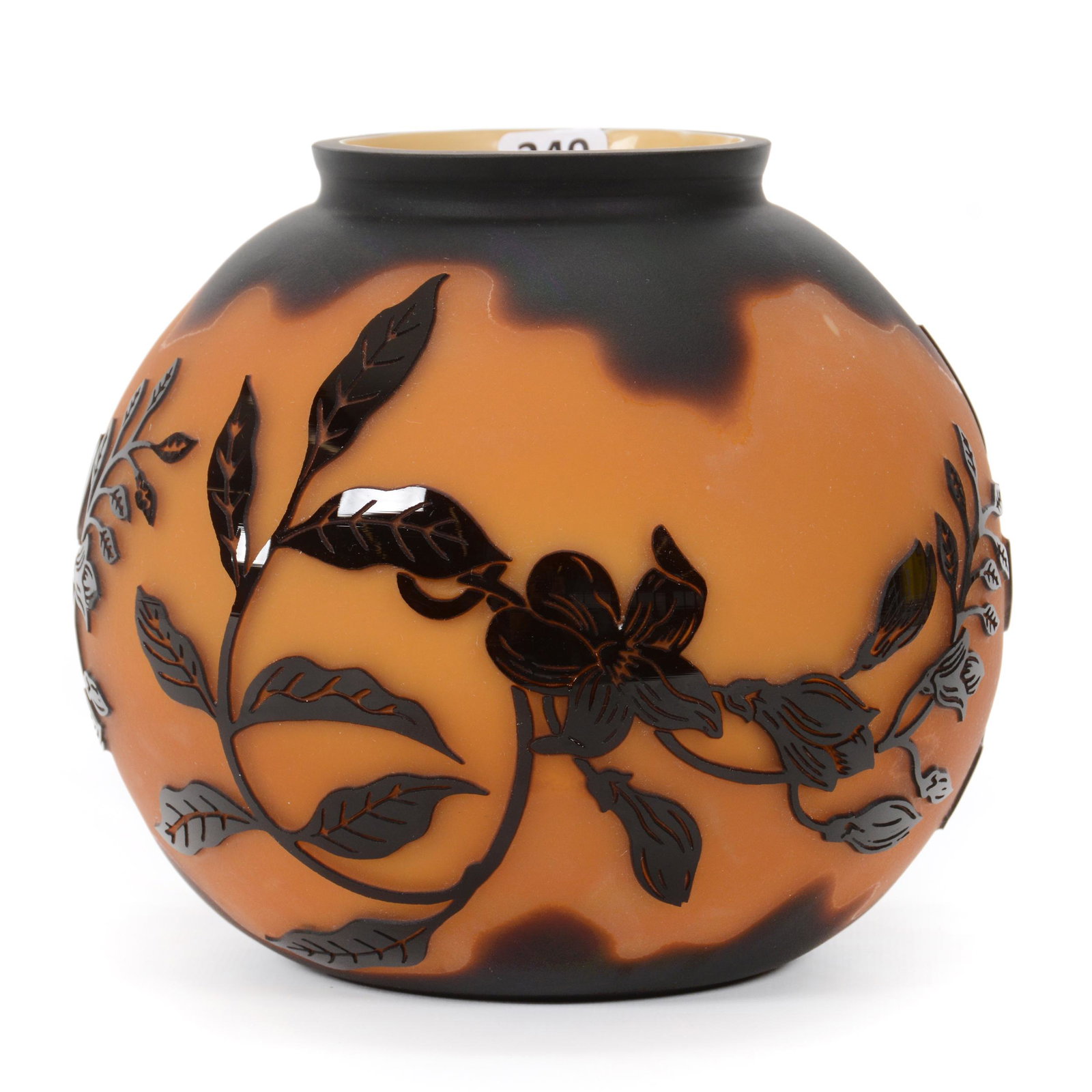 Vase, Burnt Orange With Dark Carved Amethyst Overlay: Vase, Burnt Orange With Dark Carved Amethyst Overlay, 6.25” x 7", No Visible Marks, Unknown Maker, John Lolley Estate. Mr. Lolley Regularly Marked Items In His Collection With A Museum Quality Pen -