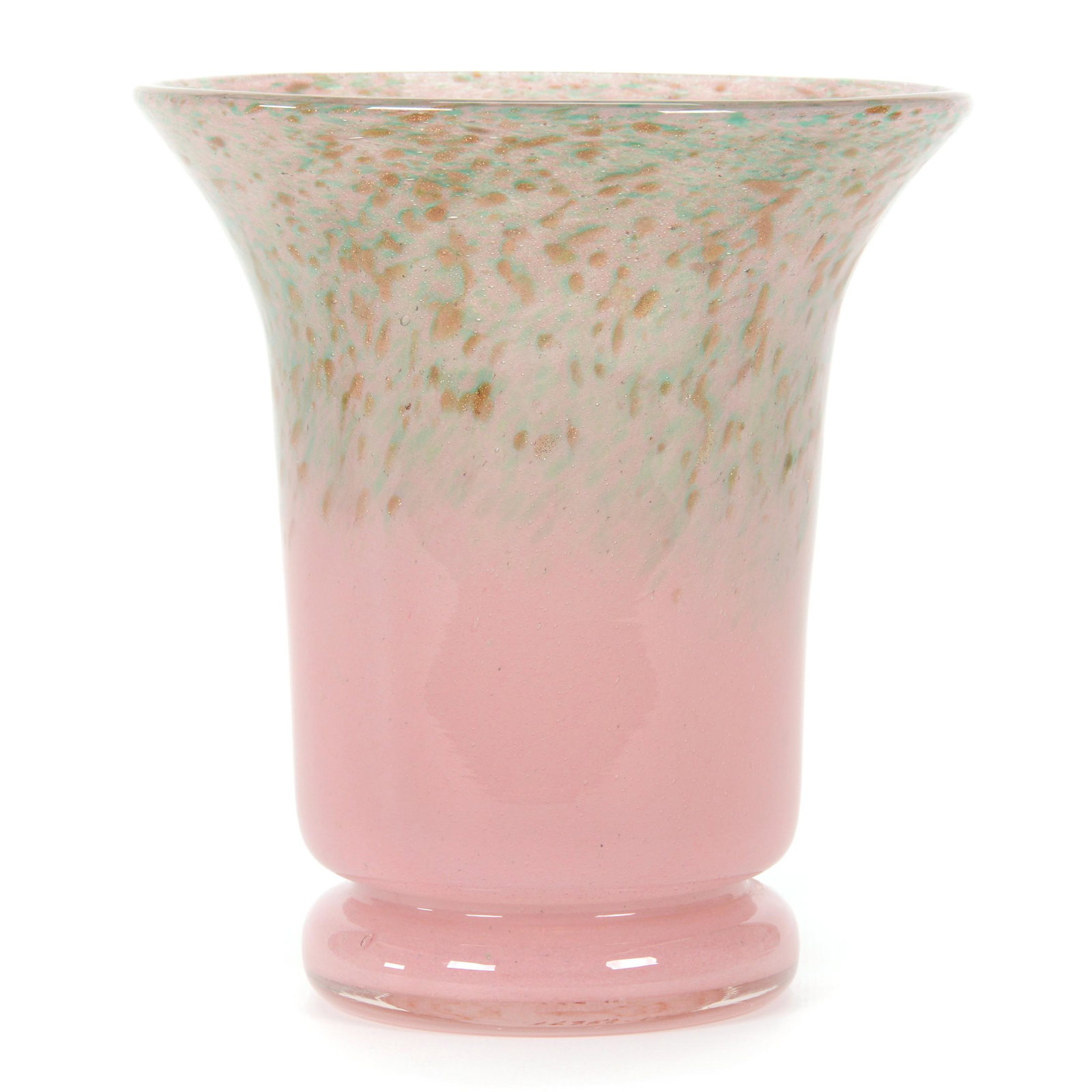 Vase, Unmarked Vasart Art Glass: Vase, Unmarked Vasart Art Glass, 7” x 6.25", Cased Pink And Green Mottled Design With Gold Mica Highlights, John Lolley Estate. Mr. Lolley Regularly Marked Items In His Collection With A Museum Qual