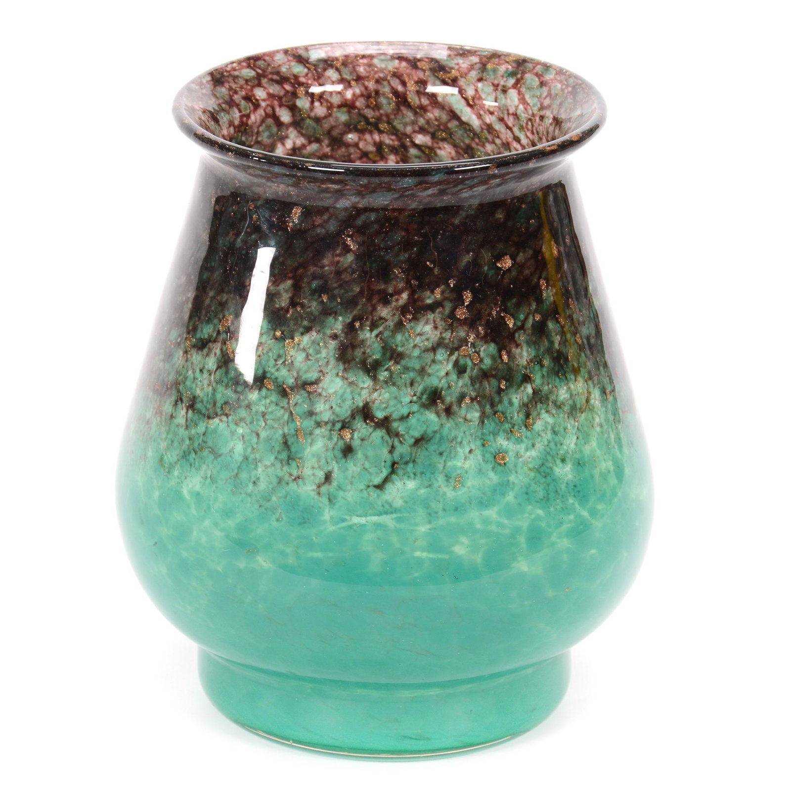 Vase, Unmarked Monart Art Glass: Vase, Unmarked Monart Art Glass, 7” x 5.5", Green And Amethyst Mottled Design With Gold Mica Highlights, John Lolley Estate. Mr. Lolley Regularly Marked Items In His Collection With A Museum Quality