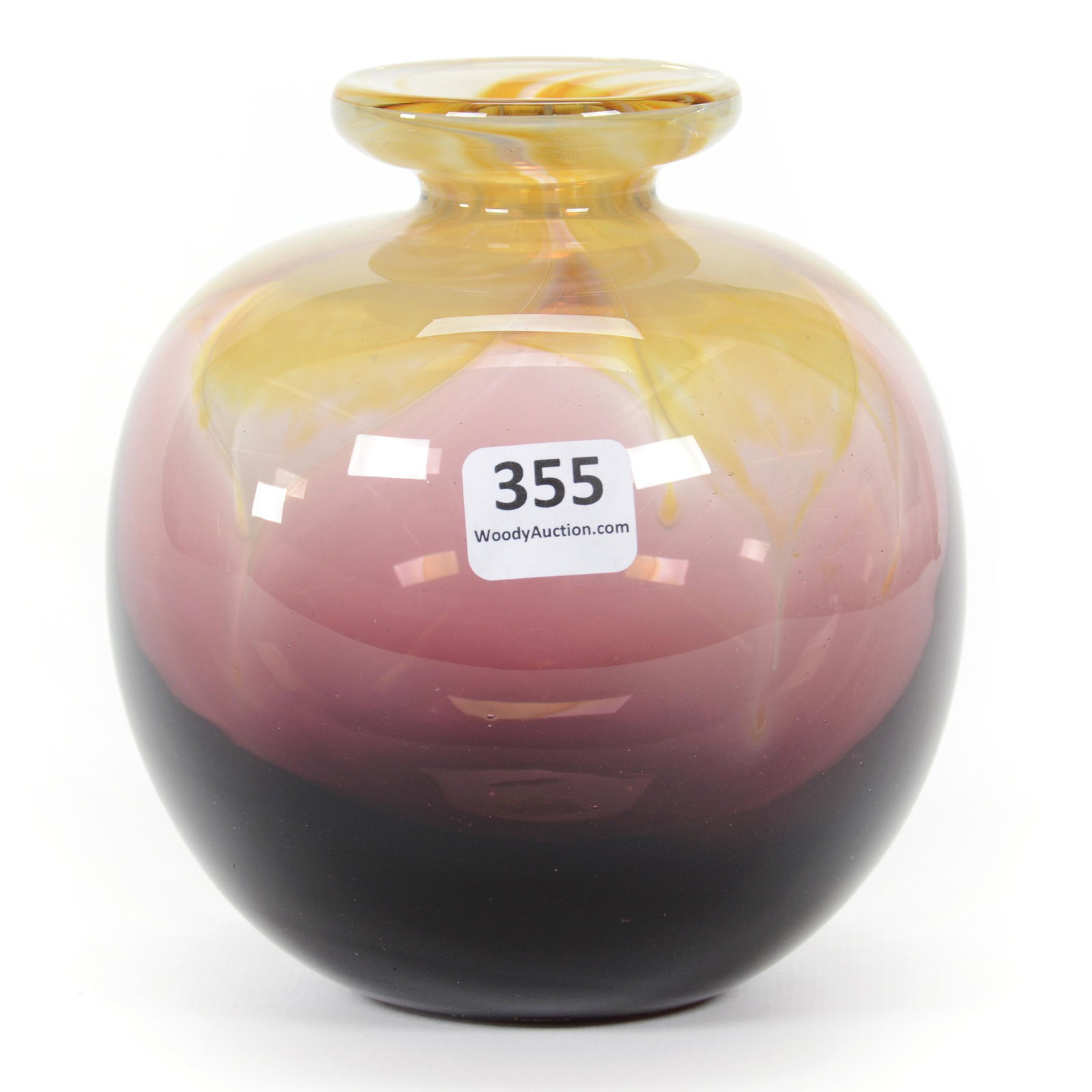 Vase, Contemporary Art Glass Signed David Boutin: Vase, Contemporary Art Glass Signed David Boutin, 5” x 4.5", Rainbow Glass Works, Dated 1981, Translucent Amethyst And Yellow Leaf Design, John Lolley Estate. Mr. Lolley Regularly Marked Items In Hi