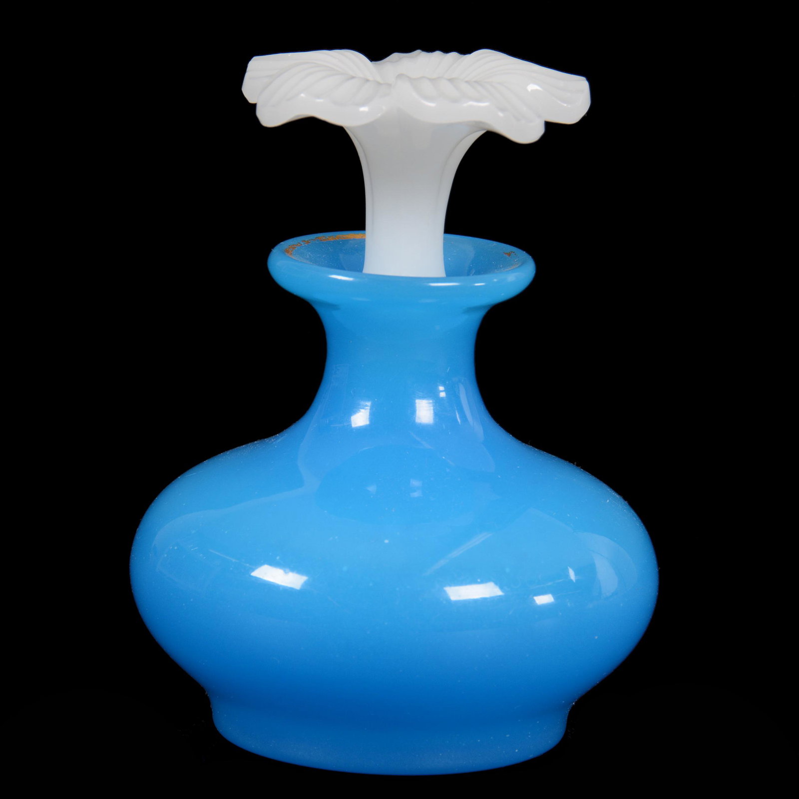 Perfume Bottle, French Opaline Art Glass: Perfume Bottle, French Opaline Art Glass, 5.25” x 4", Blue Body With Figural White Flower Blossom Stopper, Polished Pontil Base, John Lolley Estate. Mr. Lolley Regularly Marked Items In His Collecti