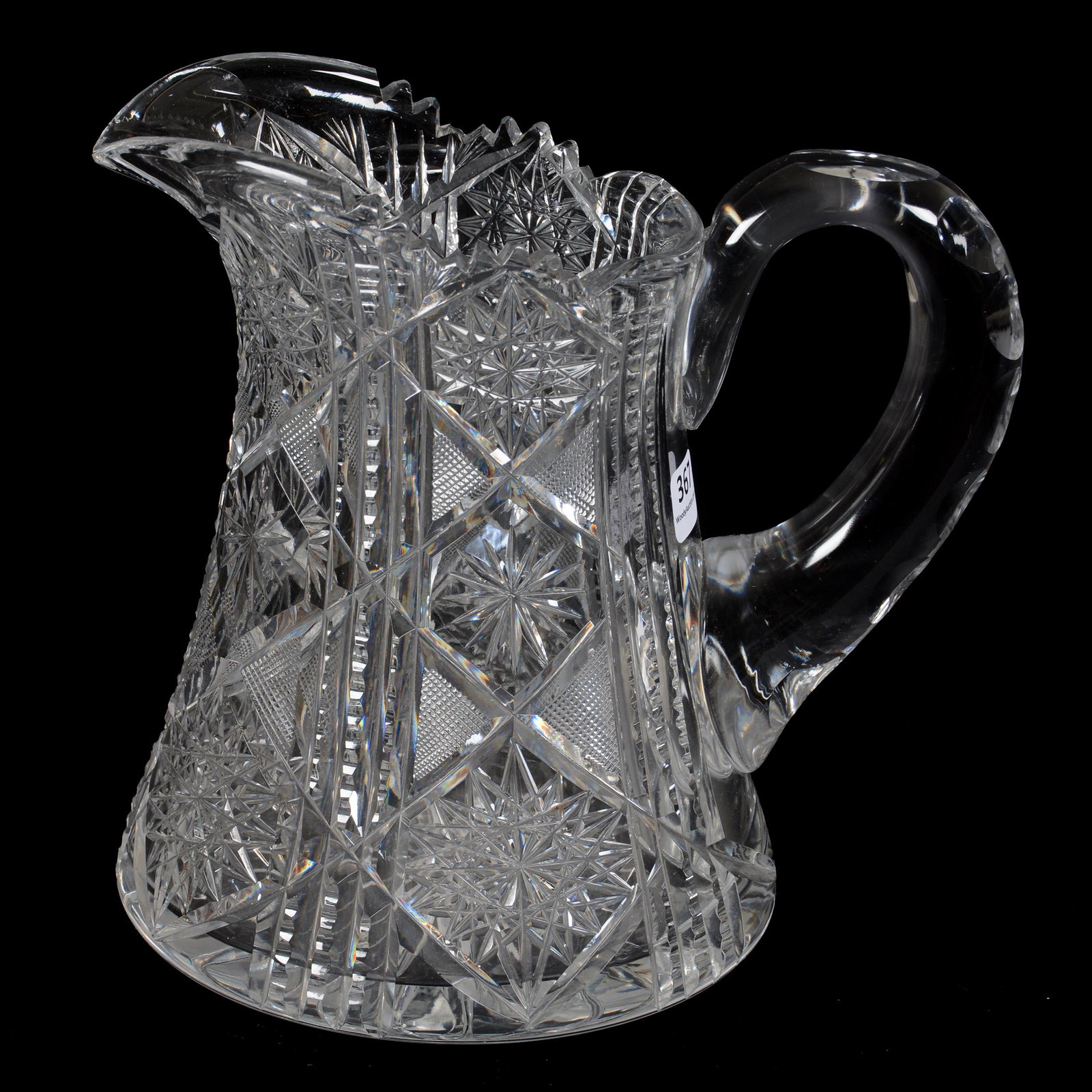 Water Pitcher, ABCG: Water Pitcher, American Brilliant Cut Glass, 8” x 8.5", Hobstar, Strawberry Diamond, Prism And Star Motif, Double Notched Handle, Ray Cut Base, John Lolley Estate. Mr. Lolley Regularly Marked Items