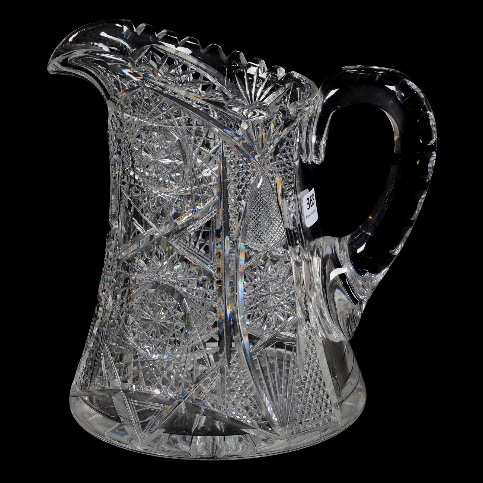 Water Pitcher, ABCG: Water Pitcher, American Brilliant Cut Glass, 8.25” x 8", Hobstar, Vesica, Strawberry Diamond, Nailhead Diamond And Fan Motif, Double Notched Handle, Ray Cut Base, John Lolley Estate. Mr. Lolley Regu