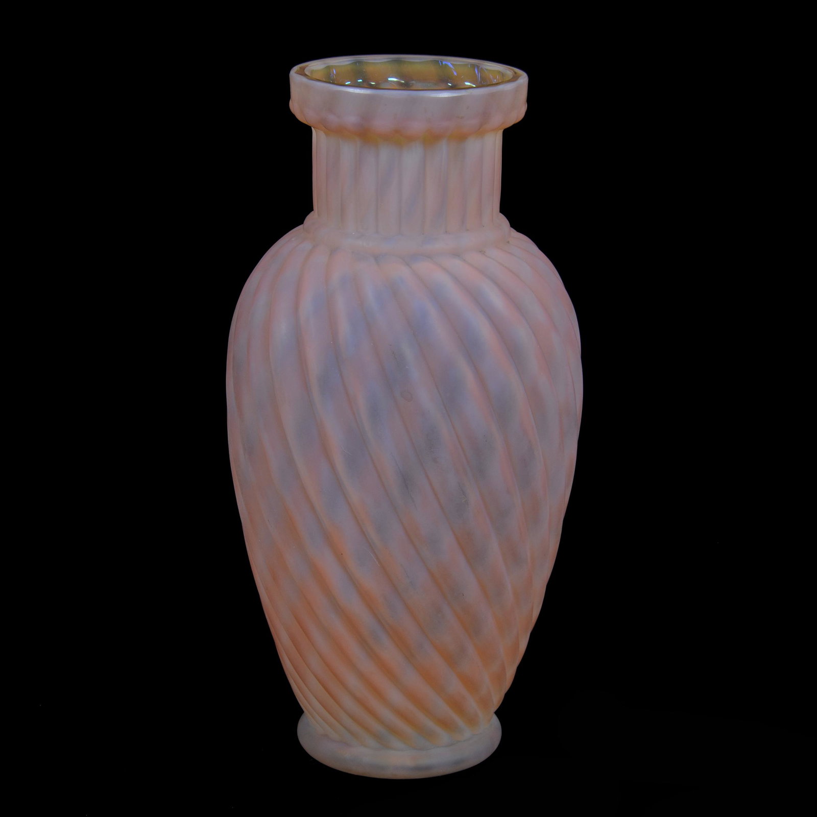 Vase, Pink & Apricot Satin Opalescent Art Glass: Vase, Pink & Apricot Satin Opalescent Art Glass, 8” x 3.75", Embossed Swirl, Polished Pontil Base, Tiny Nick On Rim, John Lolley Estate. Mr. Lolley Regularly Marked Items In His Collection With A Mu