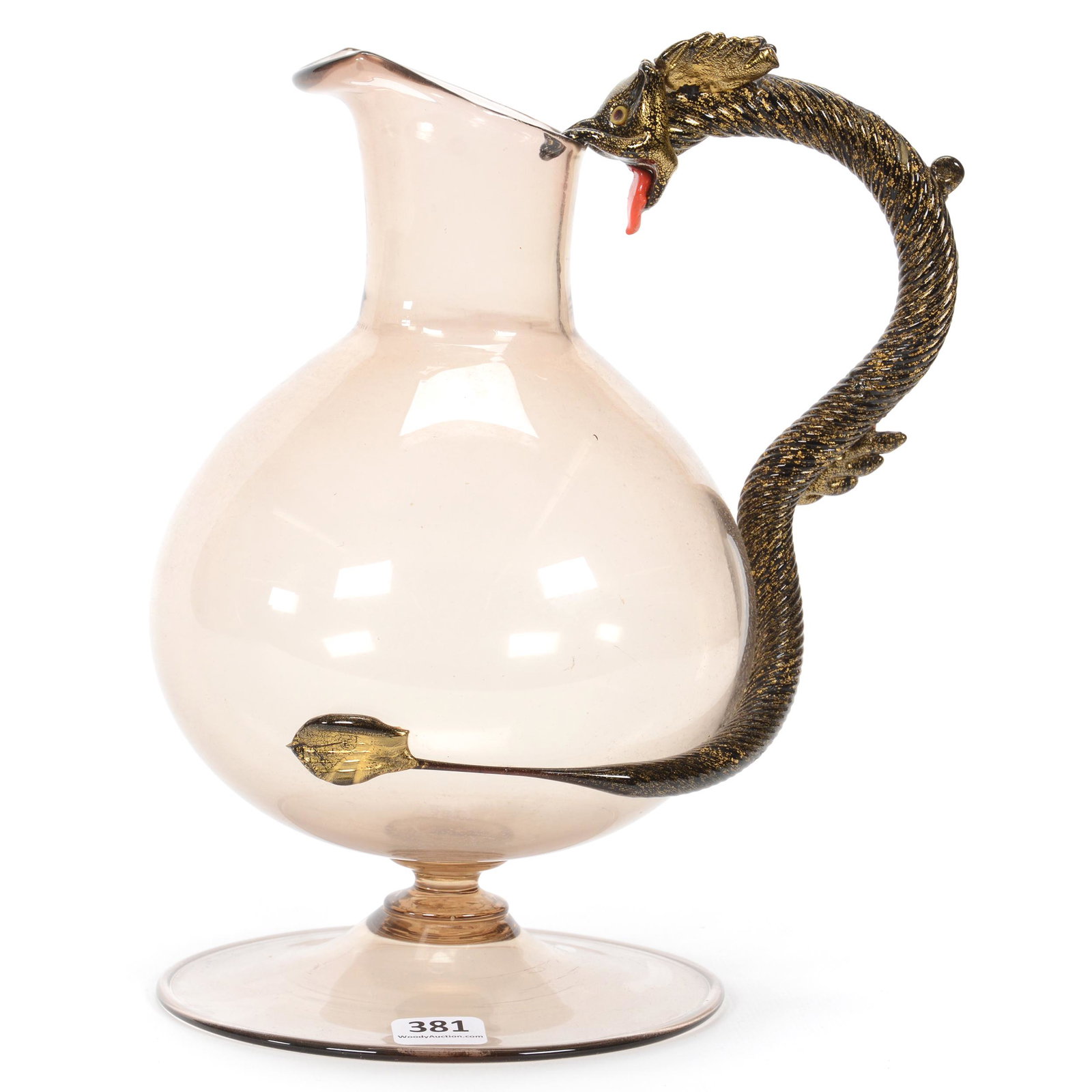 Pedestal Ewer Signed Venetian Art Glass: Pedestal Ewer Signed Venetian Art Glass, 9.5” x 7.5", Dated 1988, Smoke Body With Black And Gold Mica Figural Serpent Handle, John Lolley Estate. Mr. Lolley Regularly Marked Items In His Collection