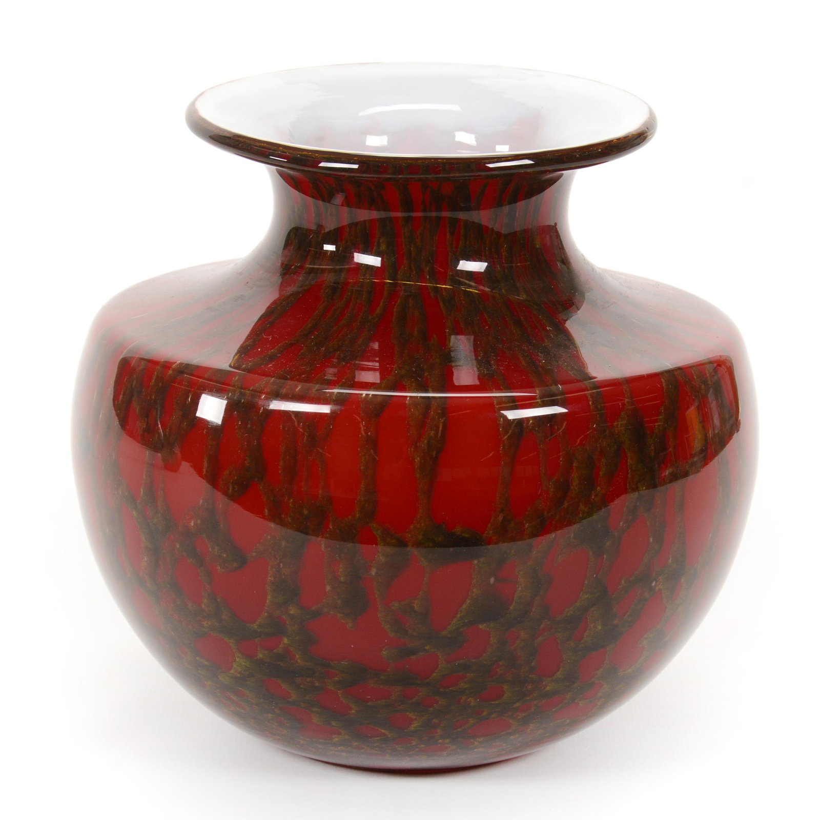 Vase, Cased Contemporary Art Glass: Vase, Cased Contemporary Art Glass, 7.5” x 7.5", Deep Red Exterior Background With Green Mottled Overlay, White Interior, No Visible Maker's Marks, John Lolley Estate. Mr. Lolley Regularly Marked It
