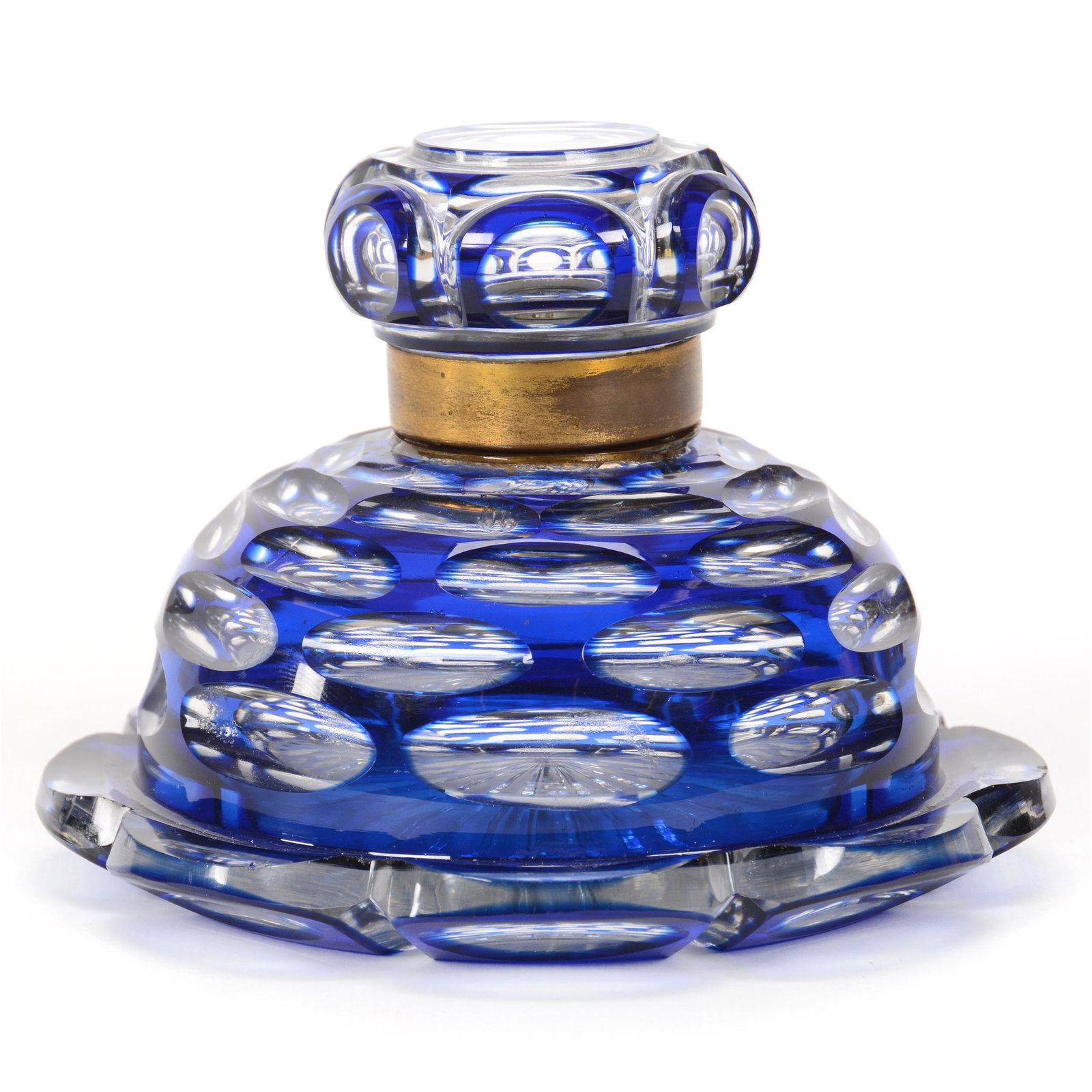 Inkwell, Blue Cut To Clear: Inkwell, Blue Cut To Clear, 4” x 5.5", Possibly By Boston And Sandwich, Ray Cut Base, Flip Lid, Small Edge Nicks On Base, John Lolley Estate. Mr. Lolley Regularly Marked Items In His Collection With