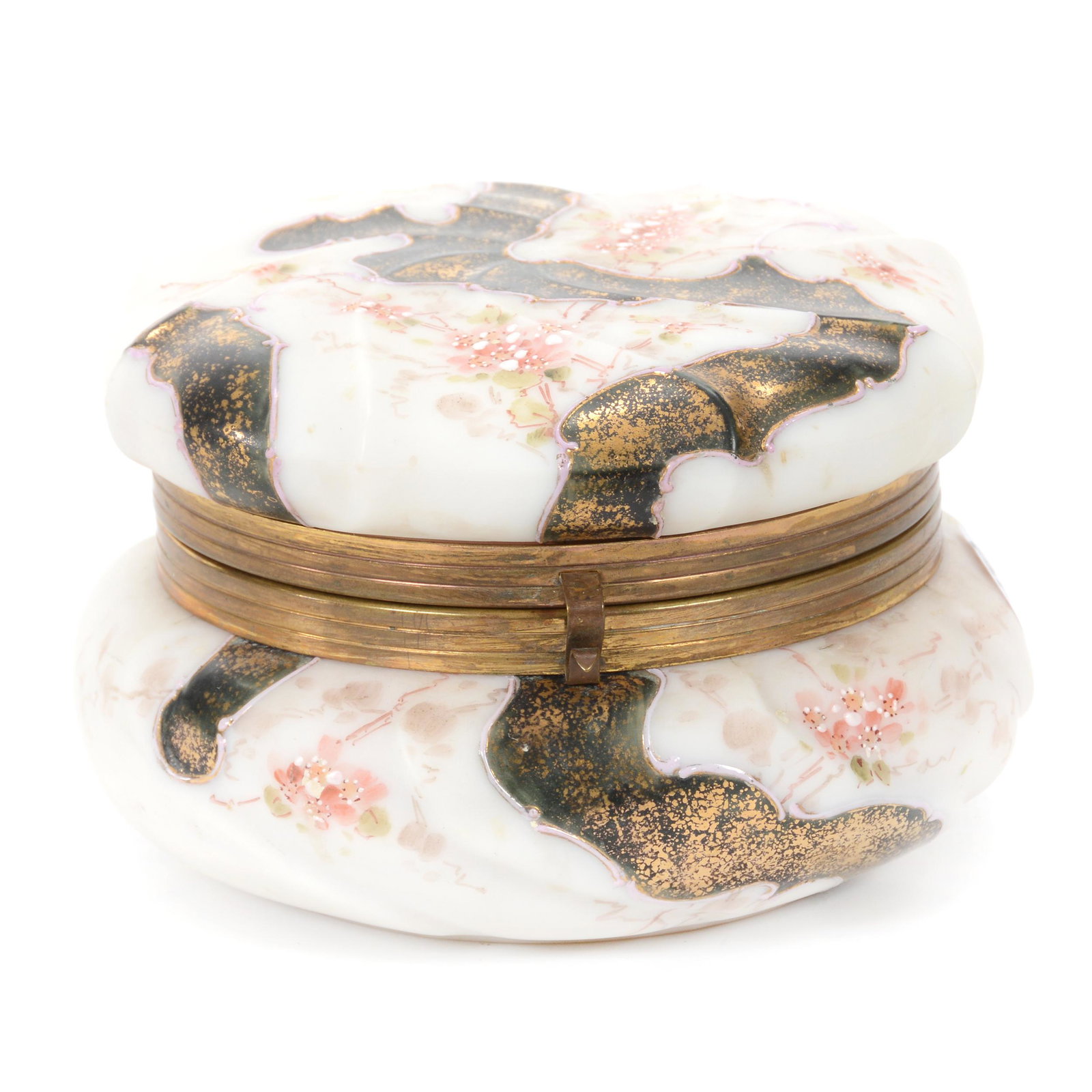 Jewel Box, Unmarked Wave Crest Art Glass: Jewel Box, Unmarked Wave Crest Art Glass, 3.5” x 5.5", Swirl Mold, Pink And White With Dark Green Band And Floral Decor, John Lolley Estate. Mr. Lolley Regularly Marked Items In His Collection With