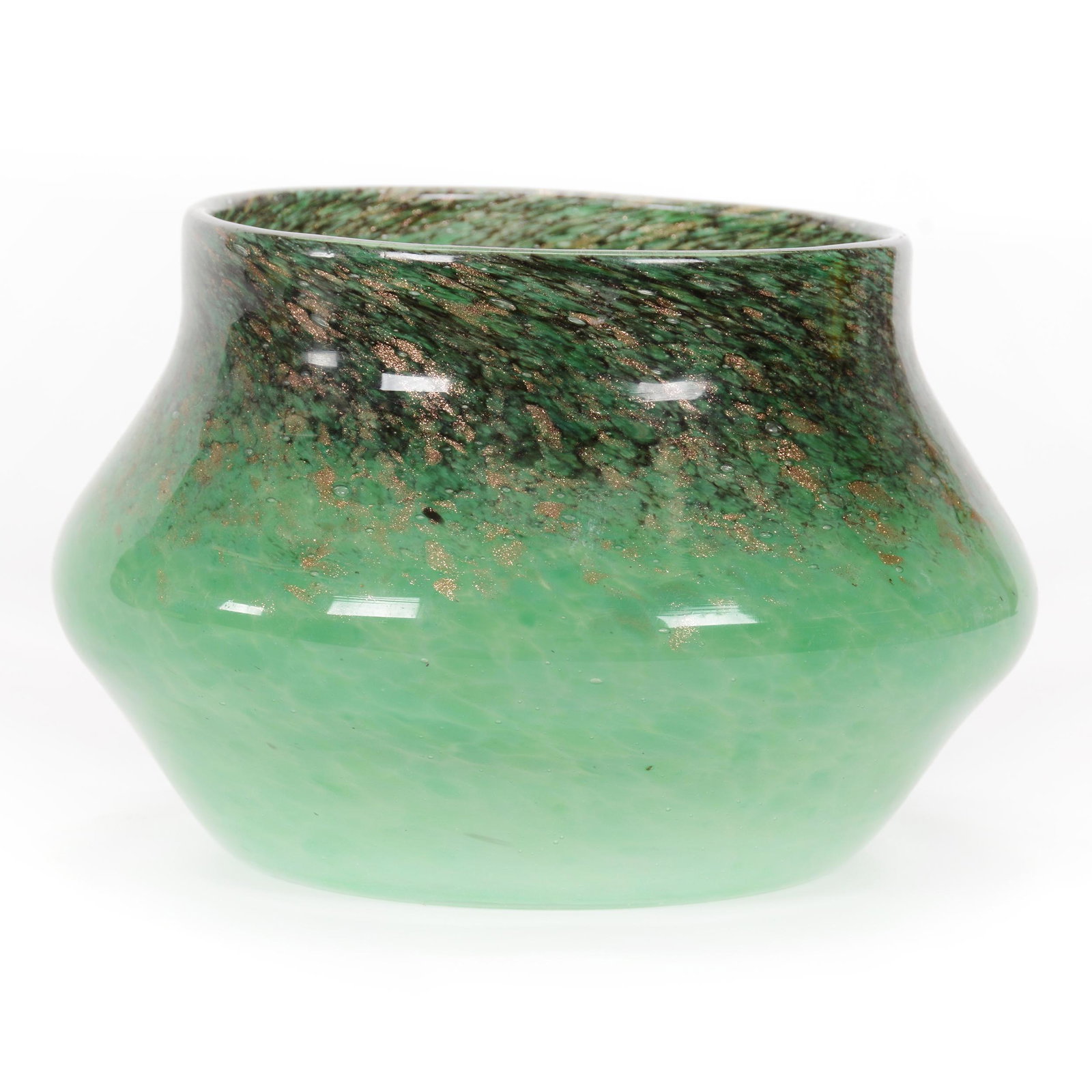 Vase, Unmarked Monart Art Glass: Vase, Unmarked Monart Art Glass, 4.75” x 7", Green, Black And White Mottled Design With Gold Mica Highlights, John Lolley Estate. Mr. Lolley Regularly Marked Items In His Collection With A Museum Qu