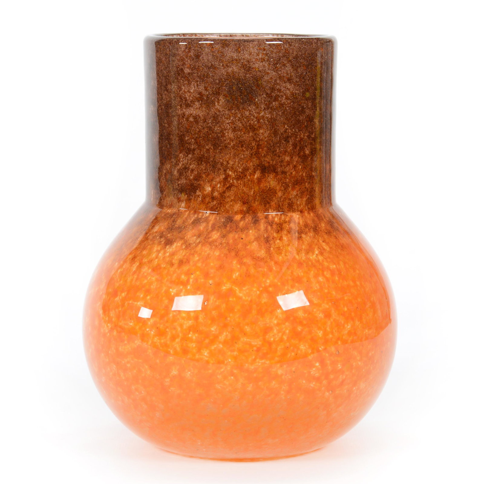Vase, Unmarked Monart Art Glass: Vase, Unmarked Monart Art Glass, 9.25” x 7", Orange And Amethyst Mottled Design, John Lolley Estate. Mr. Lolley Regularly Marked Items In His Collection With A Museum Quality Pen - These Markings Ca