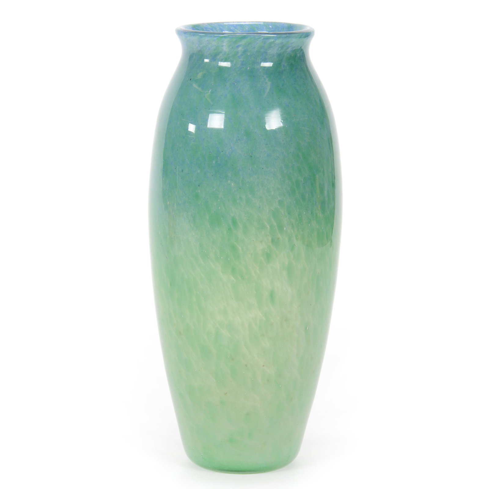 Vase, Unmarked Monart Art Glass: Vase, Unmarked Monart Art Glass, 7.25” x 4.75", Blue Shading To Green Mottled Design, John Lolley Estate. Mr. Lolley Regularly Marked Items In His Collection With A Museum Quality Pen - These Markin