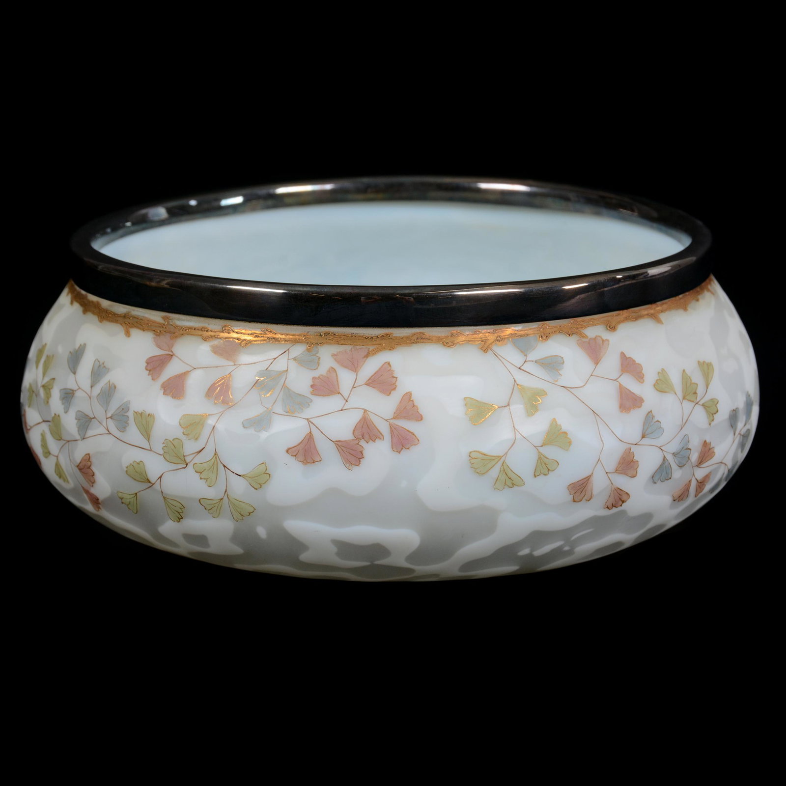 Bowl, White Satin Moire MOP Art Glass: Bowl, White Satin Moire Mother Of Pearl Art Glass, 4” x 9", Enamel Leaf And Branch Decor, Silverplate Rim, John Lolley Estate. Mr. Lolley Regularly Marked Items In His Collection With A Museum Quali