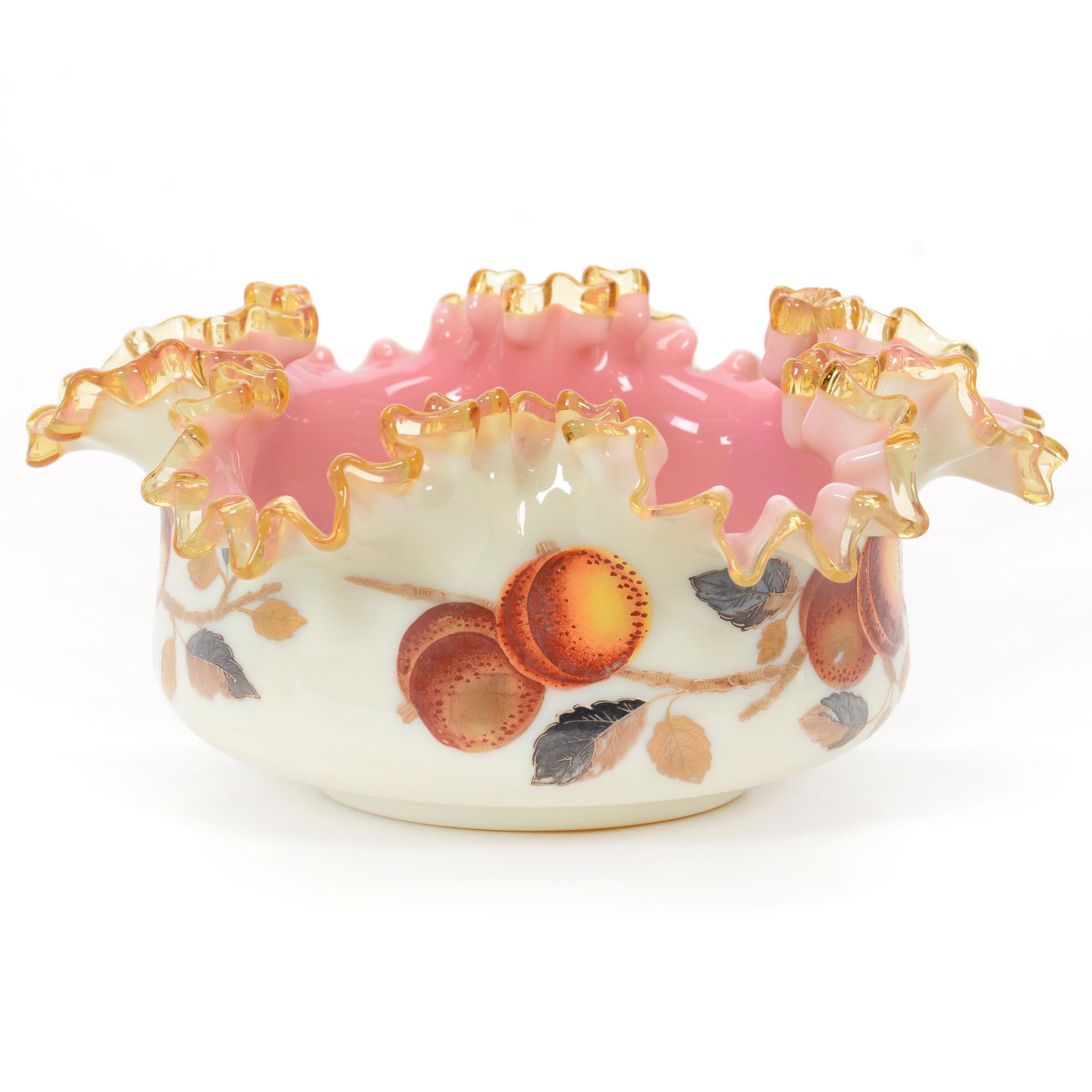 Brides Bowl, Cased Art Glass: Brides Bowl, Cased Art Glass, 5” x 10.5", Cream Exterior With Enamel Apple Branch Decor, Pink Interior, Applied Amber Glass Ruffled Rim, Base Diameter Of 4.625", John Lolley Estate. Mr. Lolley Regul