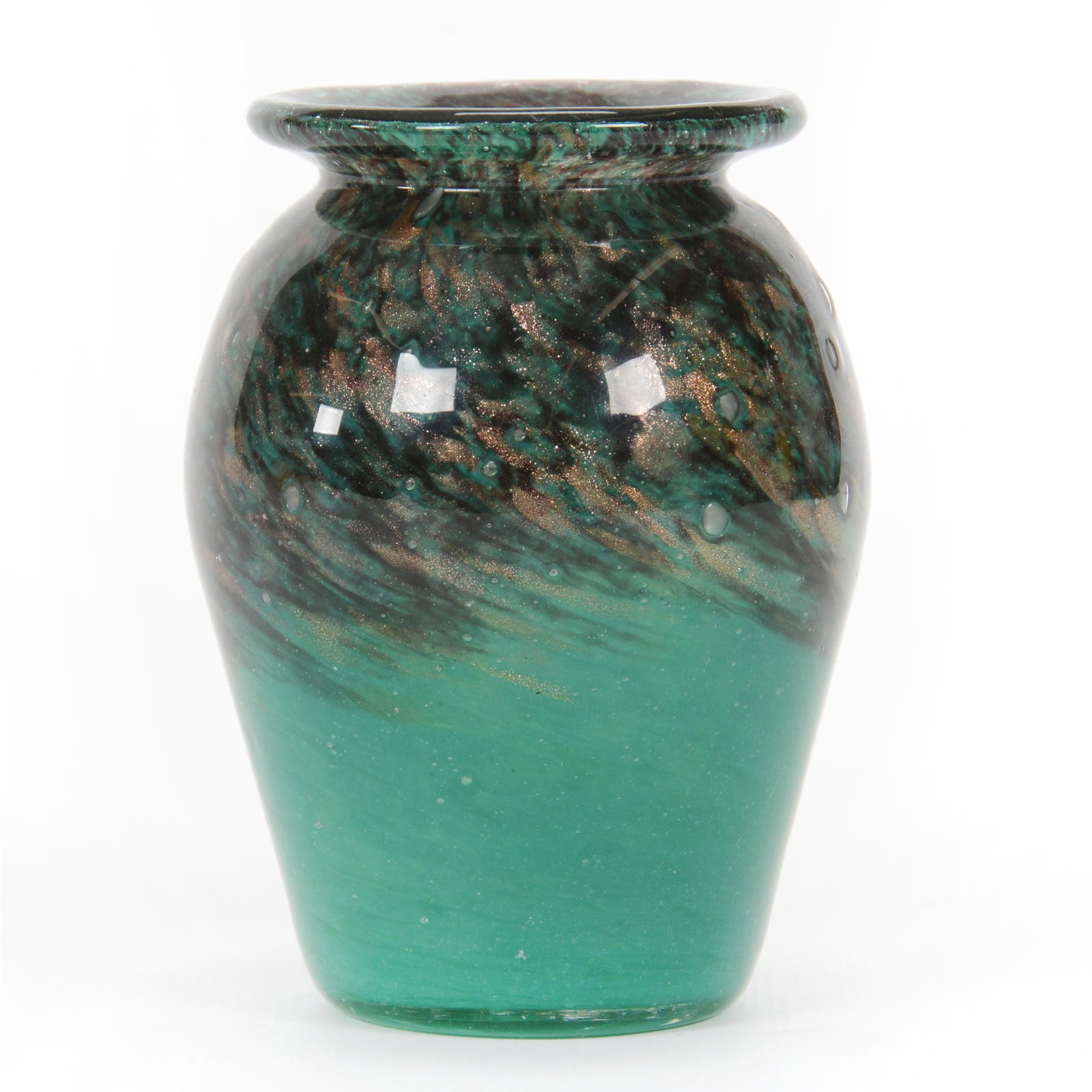 Vase, Unmarked Ysart Style Art Glass: Vase, Unmarked Ysart Style Art Glass, 3.75” x 2.75", Green And Dark Blue Mottled With Gold Mica Highlights, John Lolley Estate. Mr. Lolley Regularly Marked Items In His Collection With A Museum Qual