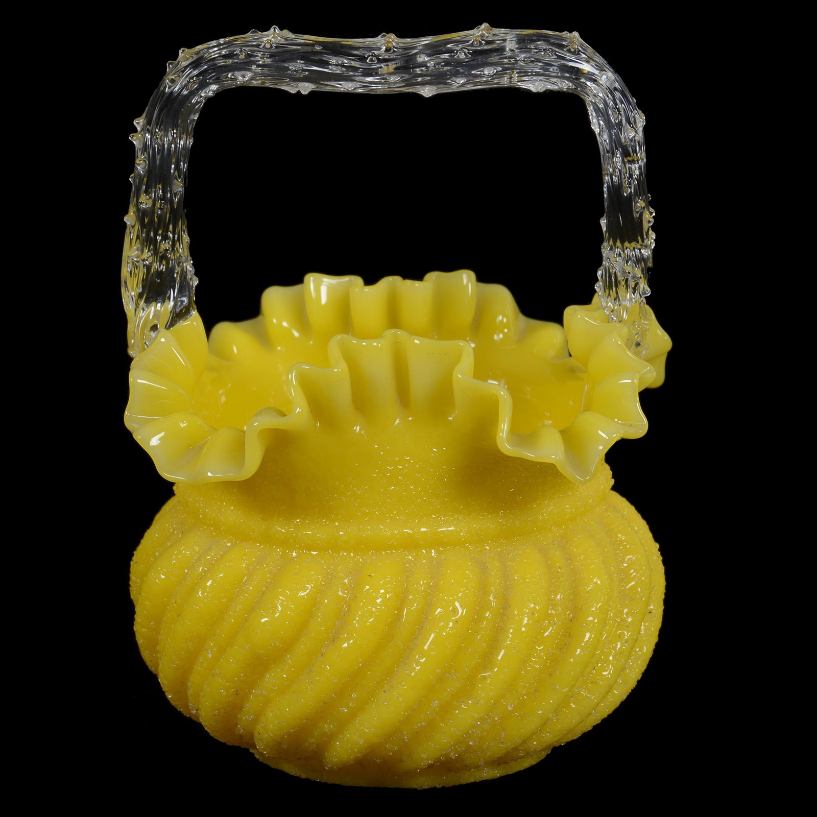 Basket, Yellow Embossed Swirl Art Glass Body: Basket, Yellow Embossed Swirl Art Glass Body, 7” x 5.25", Clear Applied Thorn Handle, Overshot Exterior, John Lolley Estate. Mr. Lolley Regularly Marked Items In His Collection With A Museum Quality