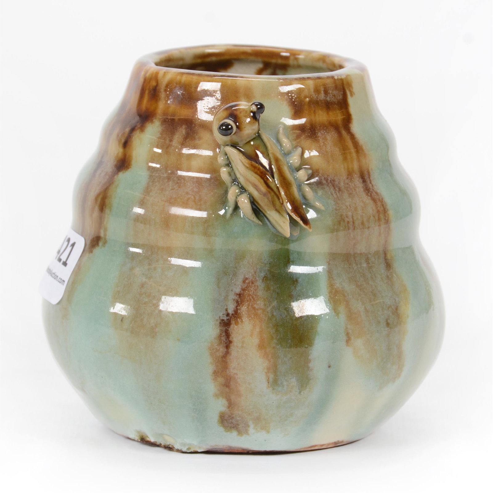 Vase, American Art Pottery: Vase, American Art Pottery, 3.75” x 3.75", Green And Brown Glaze With Applied Cricket, Unidentified Maker's Mark, John Lolley Estate. Mr. Lolley Regularly Marked Items In His Collection With A Museu
