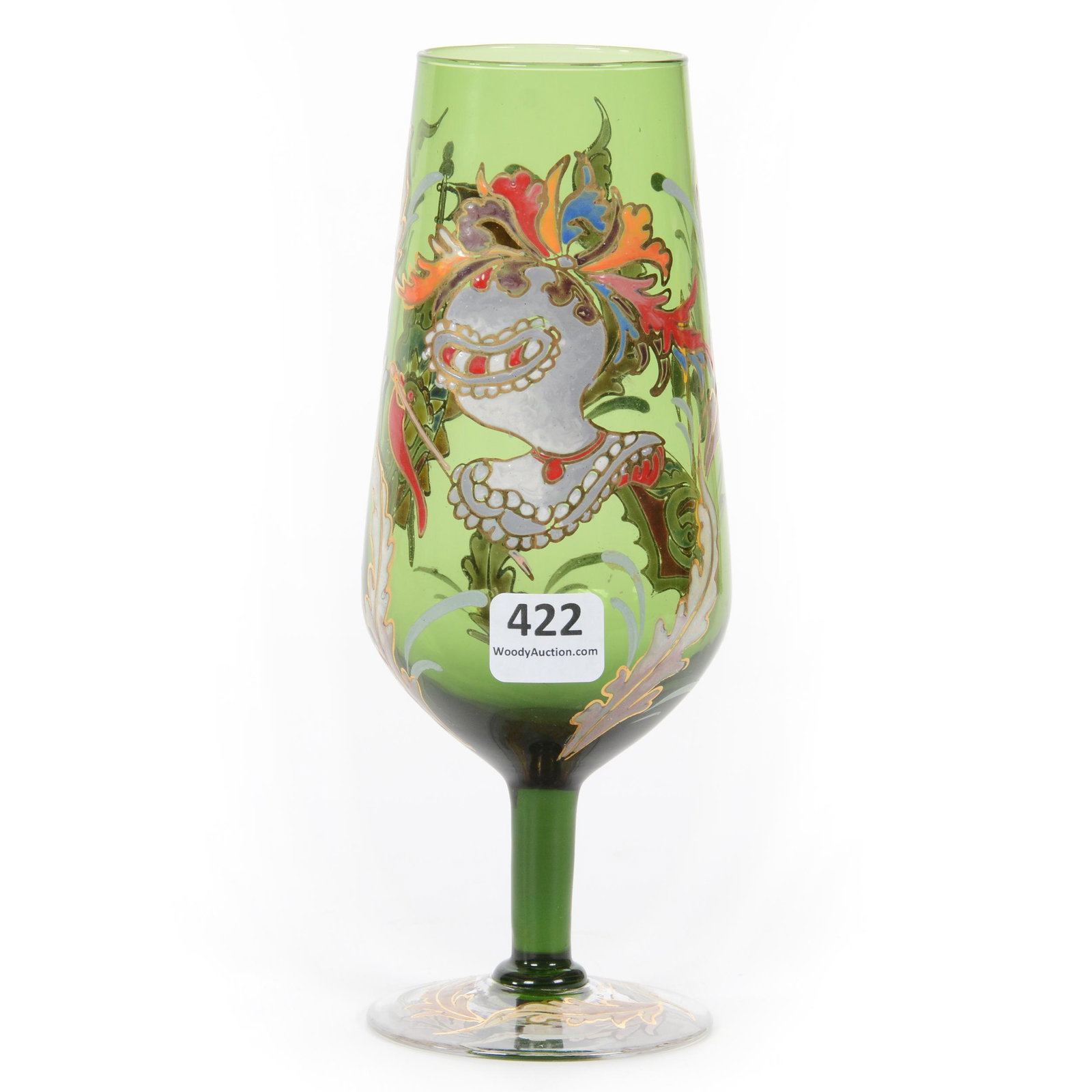 Stem, Spanish Art Glass Artist Signed Royo: Stem, Spanish Art Glass Artist Signed Royo, 7.75” x 3", Green Body With Heavy Enamel Coat Of Arms And Knight's Helmet, John Lolley Estate. Mr. Lolley Regularly Marked Items In His Collection With A